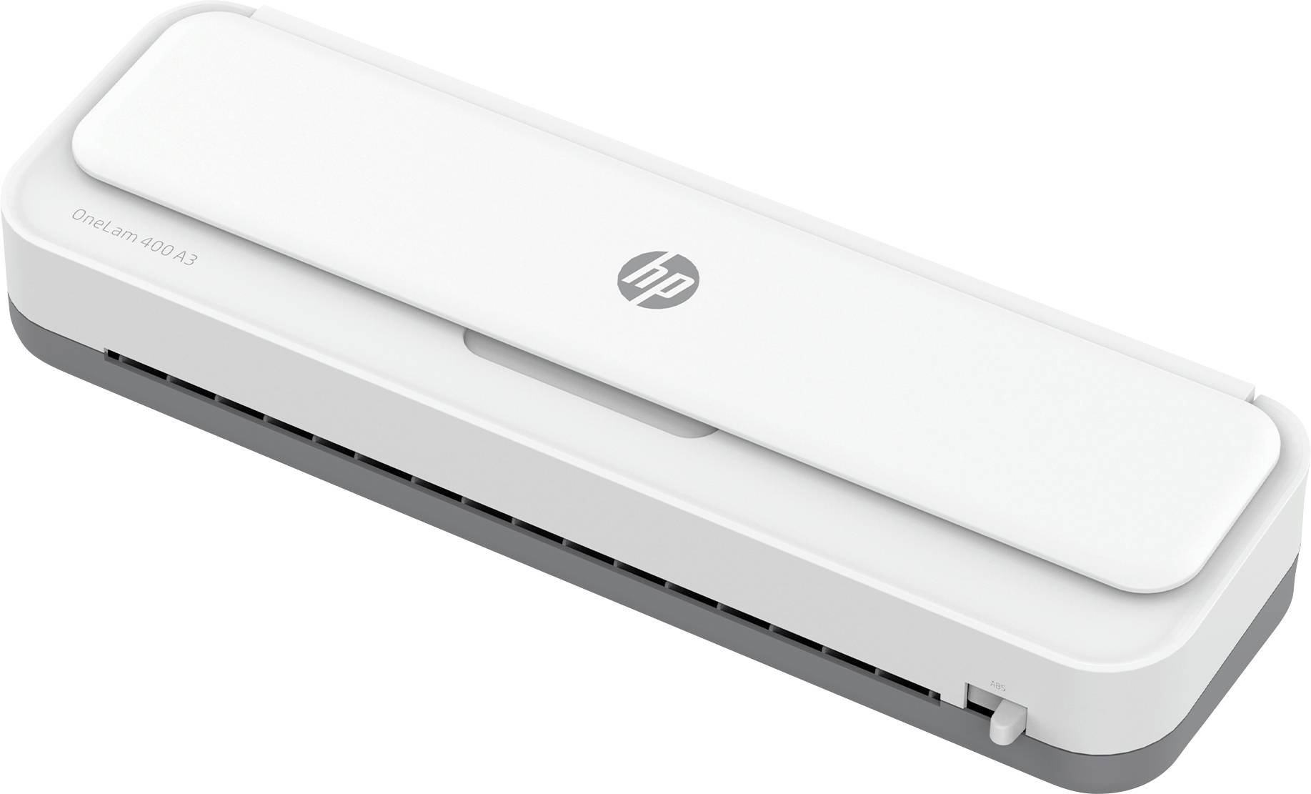 Un stampante portatile HP bianca con accenti grigi, compatta e rettangolare, adatta per dispositivi mobili.
