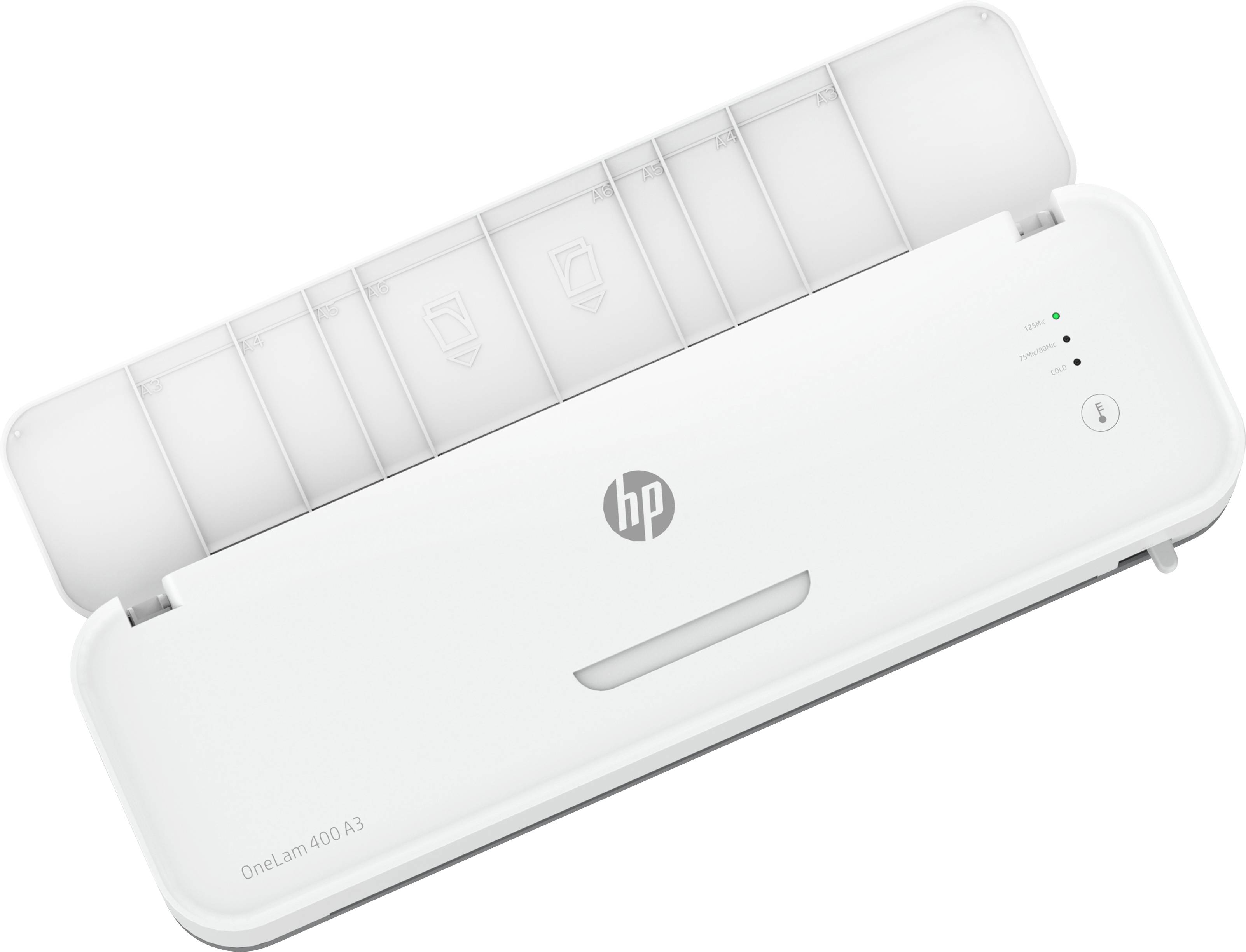 Un piccolo scanner bianco con il coperchio aperto, con il logo HP in alto e indicatori LED sul lato.