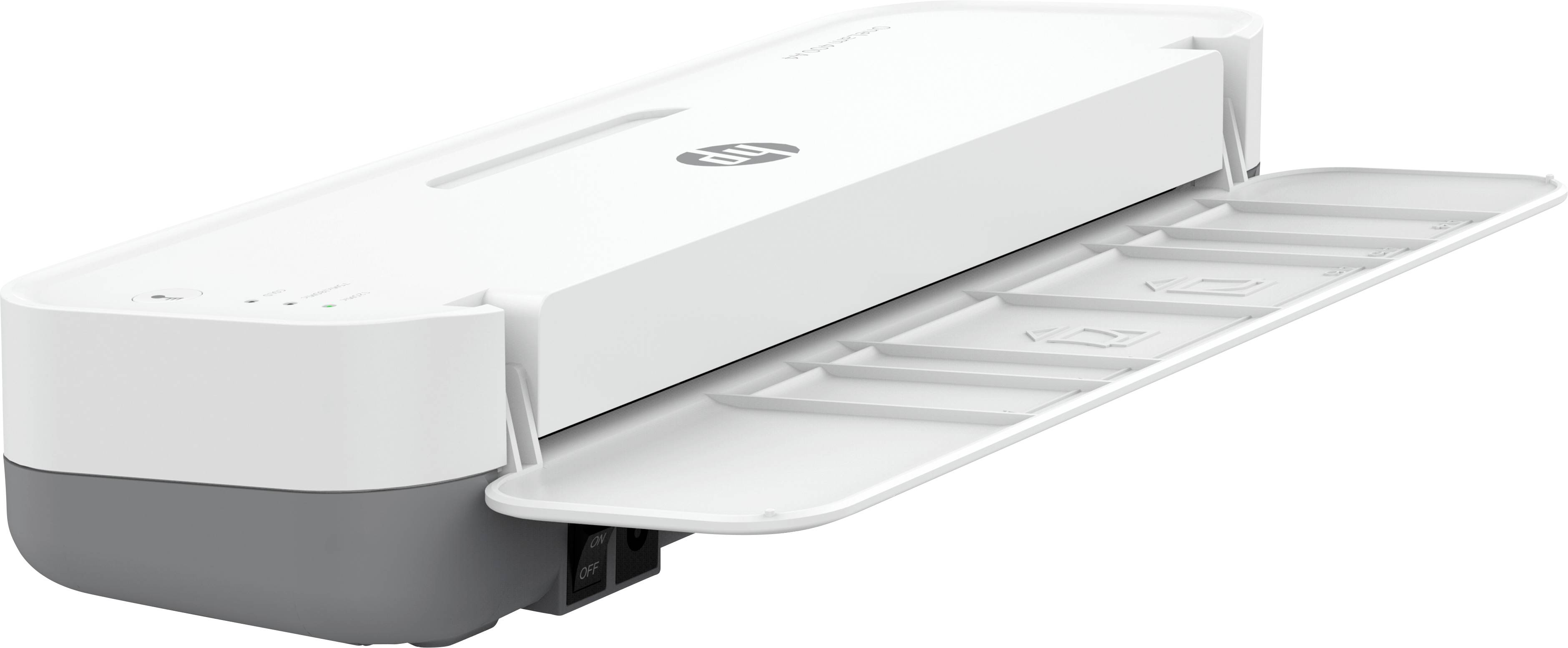 Un piccolo scanner bianco portatile con vassoio carta aperto. Ideale per scansioni in mobilità.