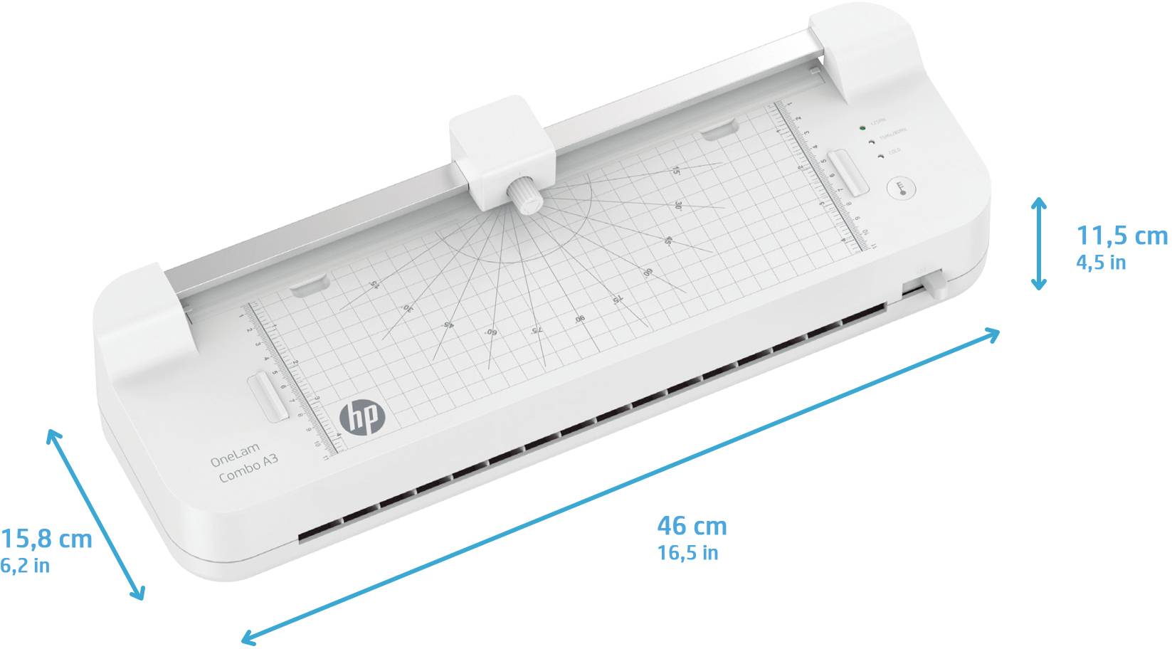 Una stampante bianca con una larghezza di 46 cm, altezza di 11,5 cm e profondità di 15,8 cm. Il nome 'HP' e i dettagli del modello sono visibili.