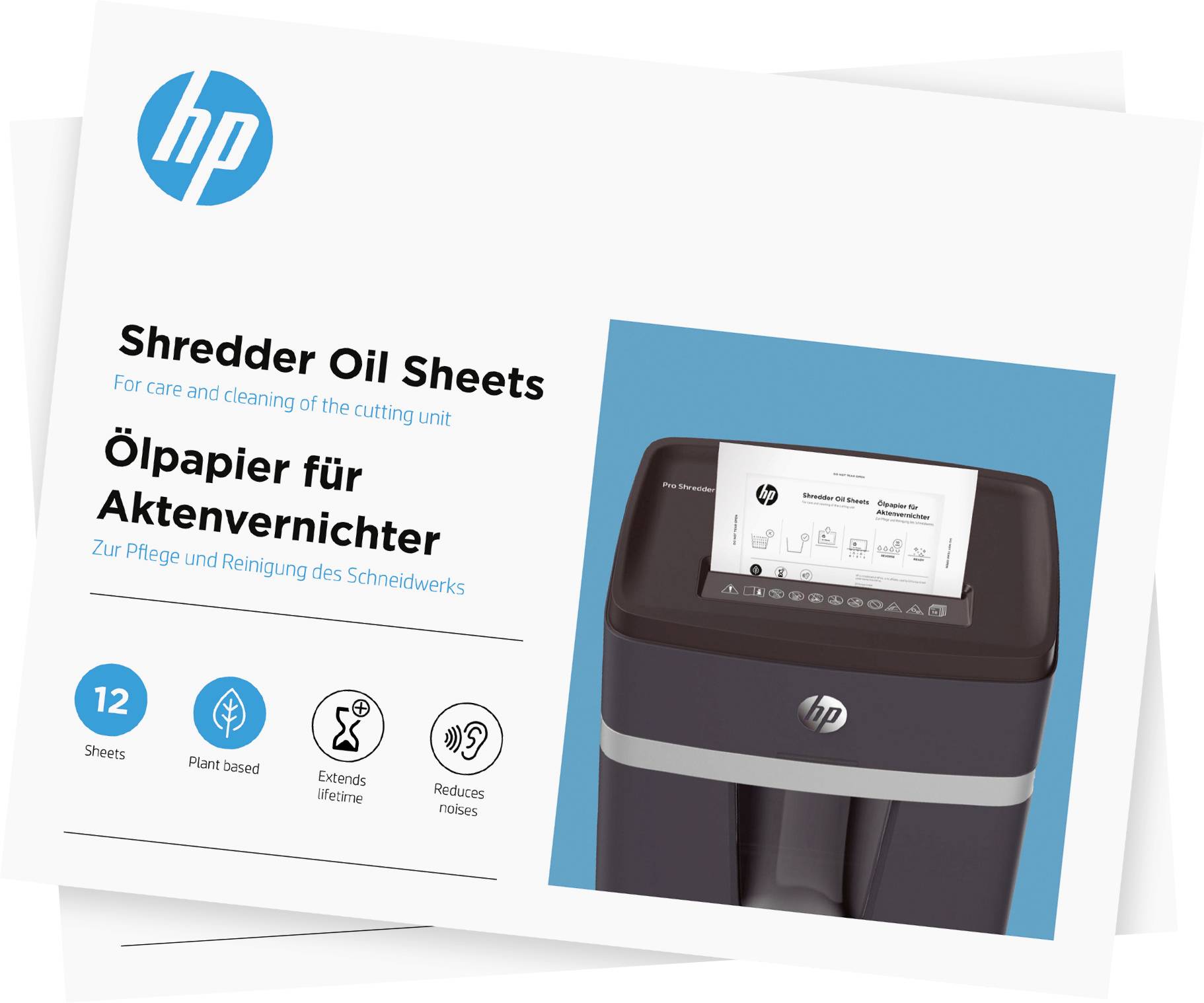 Carta oleata per distruggitori di documenti HP. Sulla confezione sono indicati i vantaggi: 12 fogli, di origine vegetale, prolunga la durata, riduce il rumore.