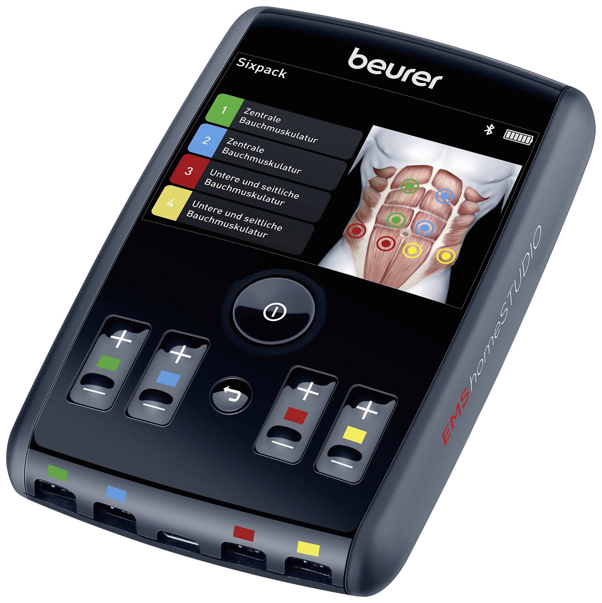 Dispositivo di elettrostimolazione per il rafforzamento muscolare con display che mostra le aree di applicazione sulla muscolatura addominale. Contiene colori e tasti con simboli.