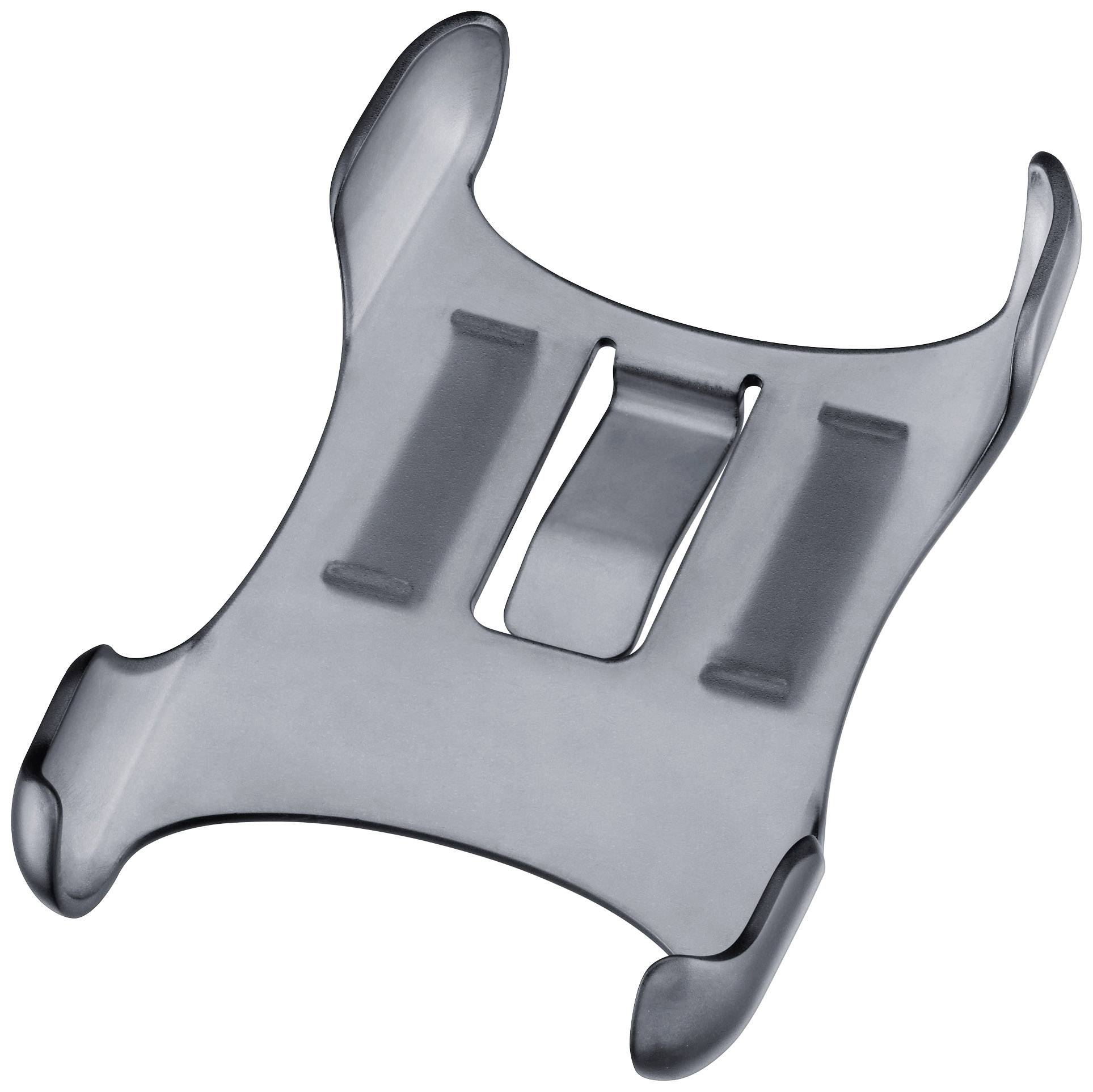 Un pezzo di metallo grigio con estremità piatte e curve e una nervatura centrale verticale. Appare industriale e funzionale.