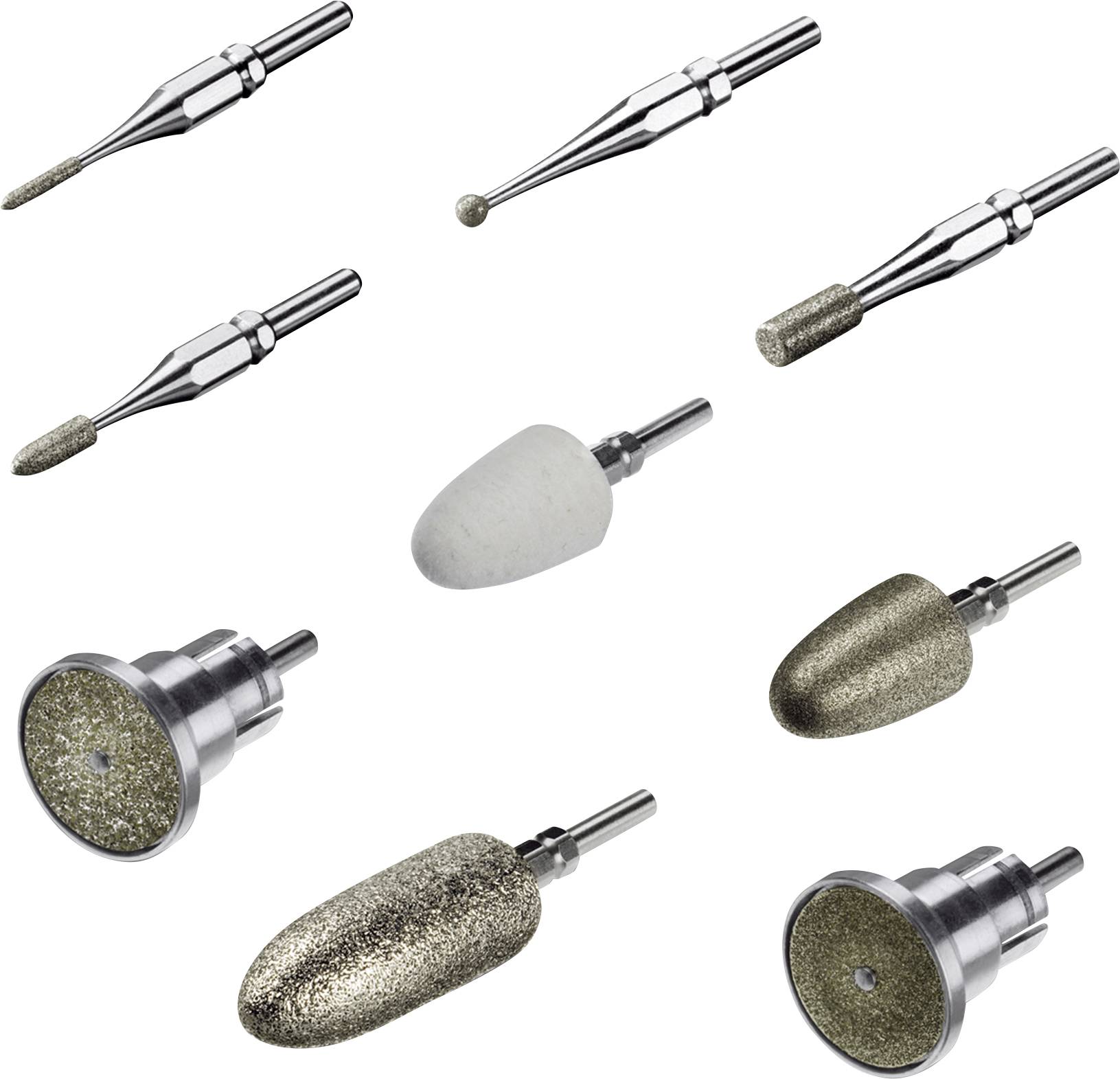Undici diversi tipi di frese dentali con punte rivestite in diamante, ciascuna con forme e dimensioni diverse per applicazioni odontoiatriche specifiche.