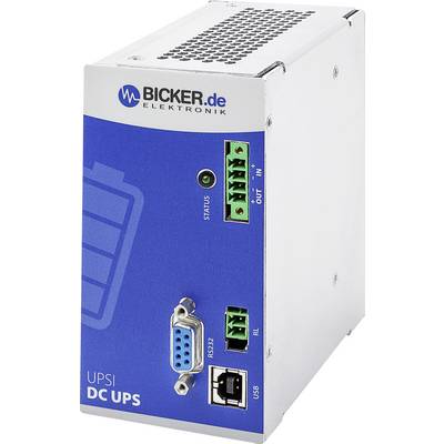 Alimentatore di continuità (UPS DC) blu e argento di Bicker.de con connettori e spia di stato.