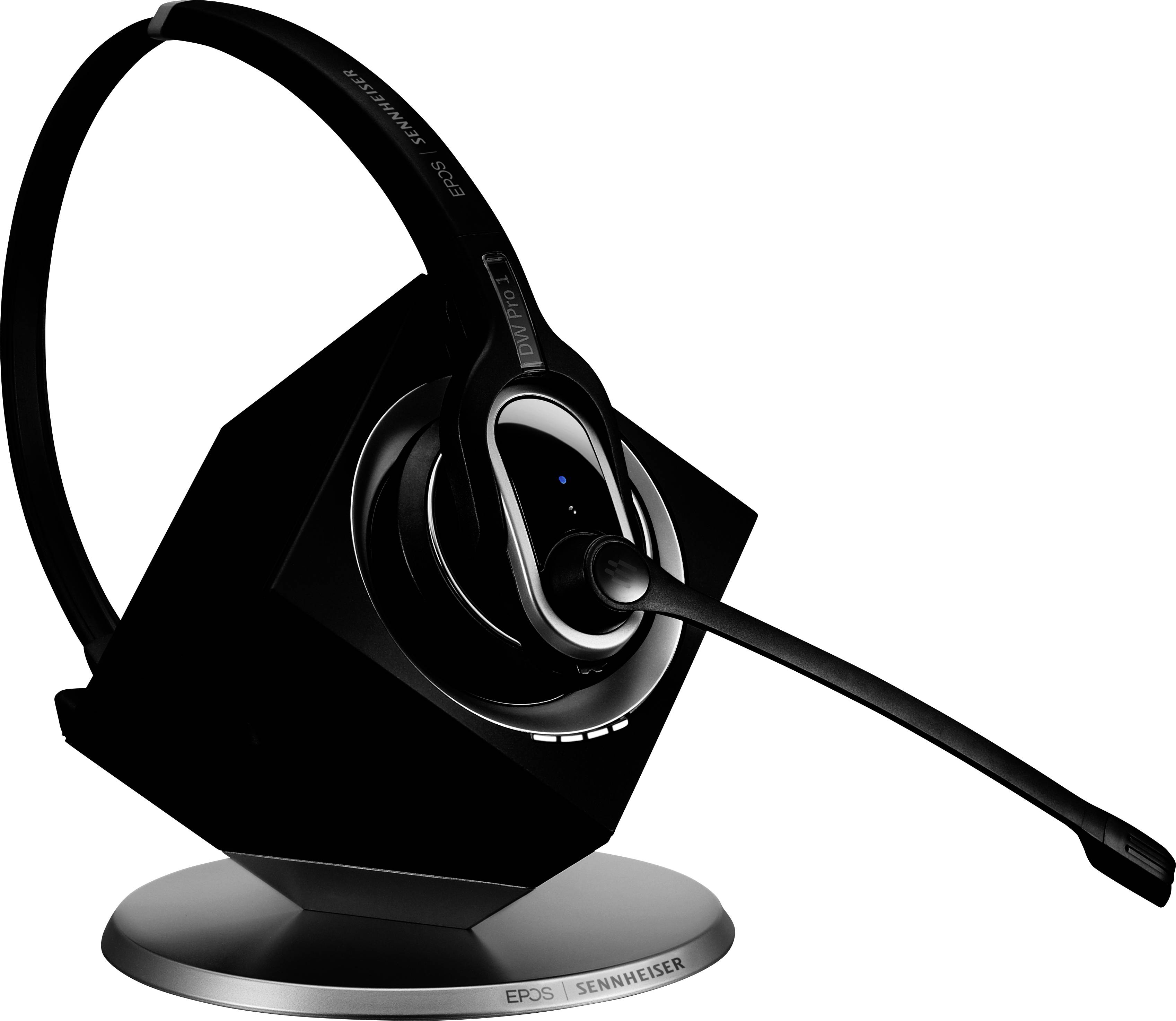 Cuffie wireless con microfono, montate su una base di ricarica elegante, ideali per applicazioni da ufficio e comunicazione.
