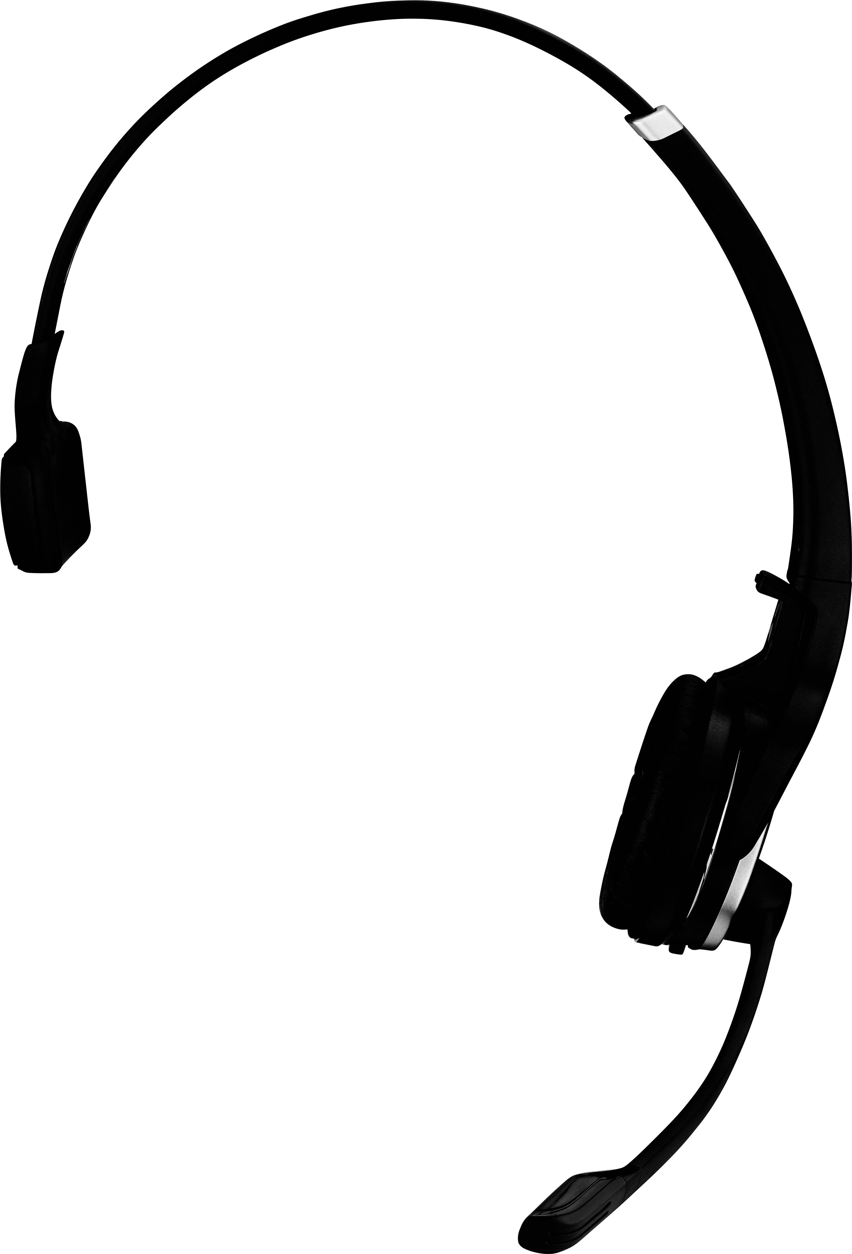 Cuffia nera monolaterale con microfono, adatta per chiamate o riunioni online, che mostra un design moderno e portatile.