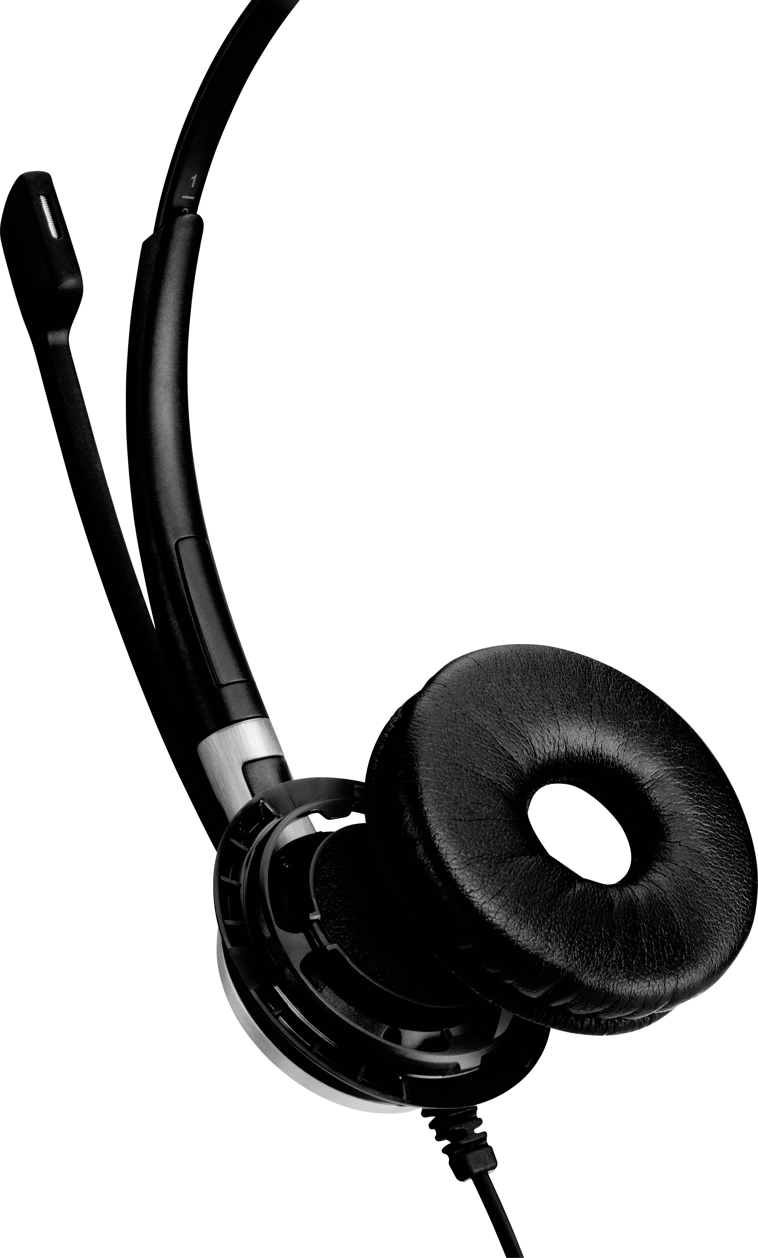 Un headset nero con microfono regolabile e cuscinetti auricolari imbottiti, solitamente utilizzato per chiamate telefoniche o riunioni online.