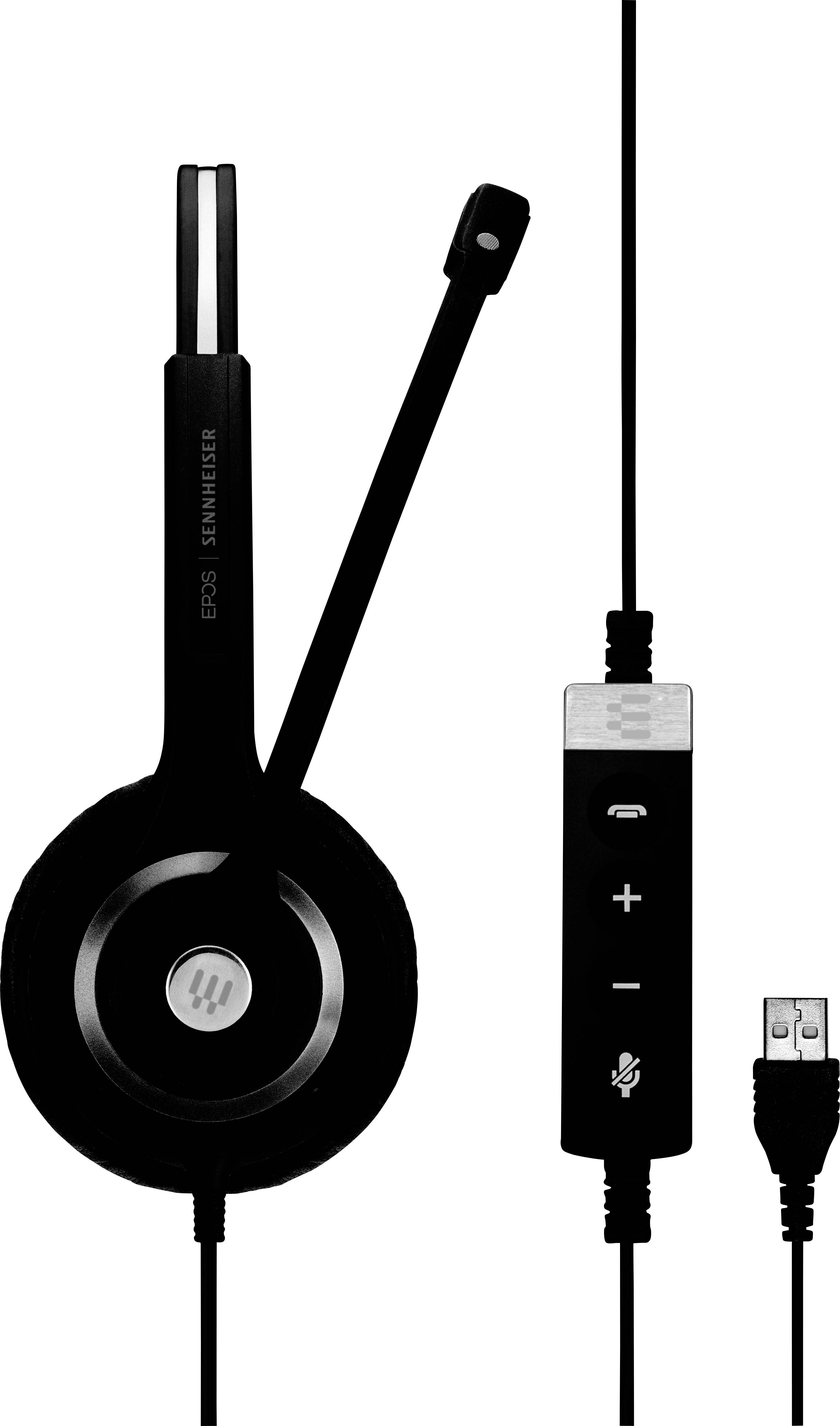 Cuffie USB nero-grigie con braccio del microfono ruotabile e telecomando integrato per il controllo del volume e del microfono.