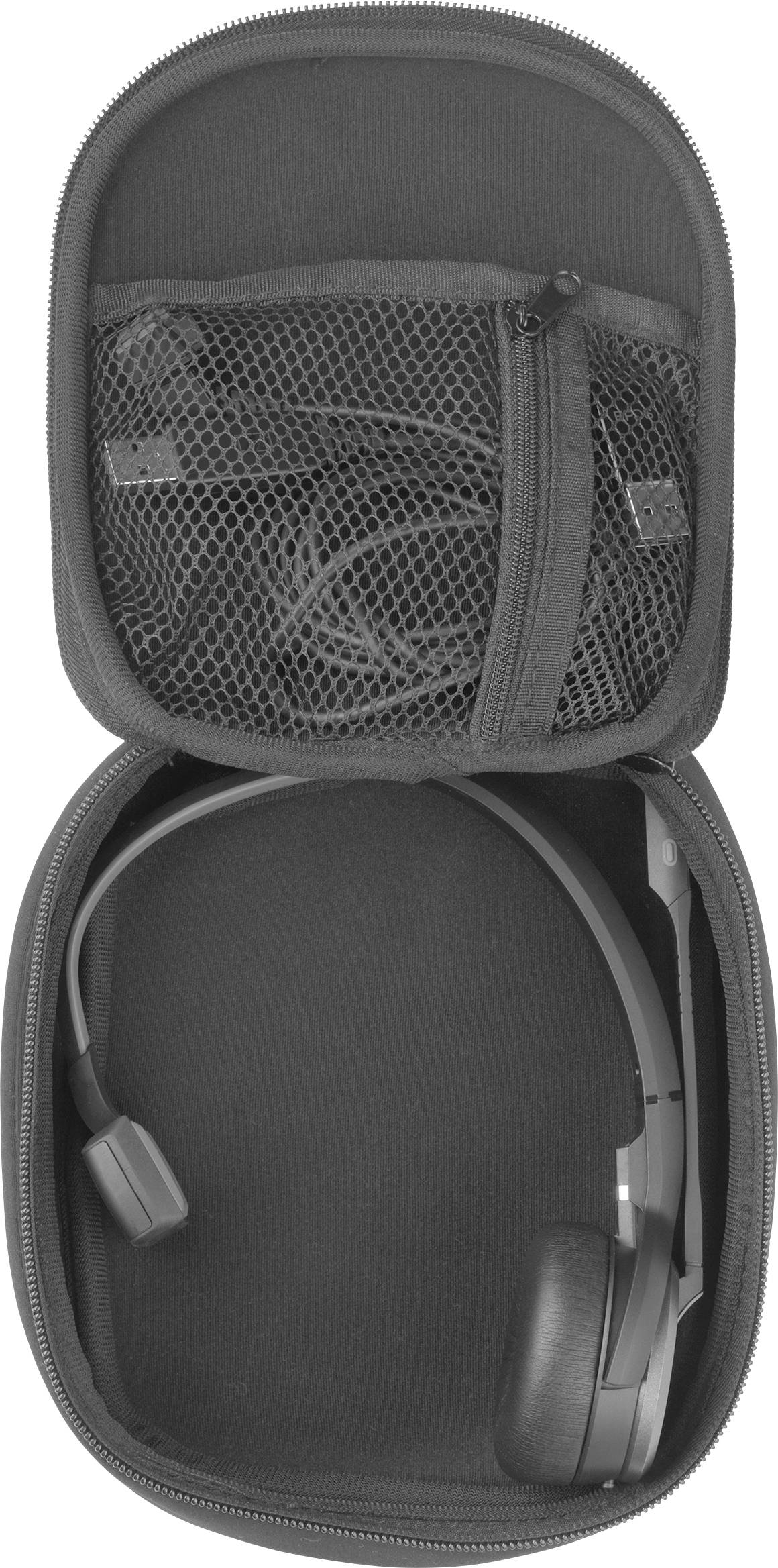Cuffie per laptop in un astuccio nero aperto, simile a un tessuto, con cerniera e tasca interna in rete.