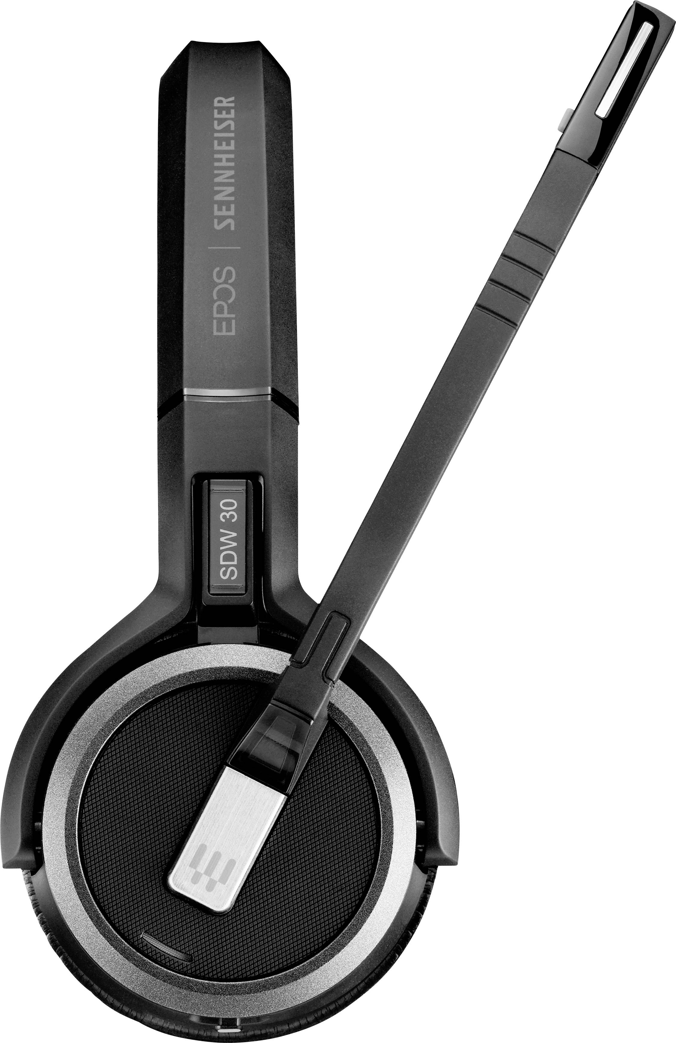 Cuffie wireless nere con microfono, modello 'EPOS Sennheiser SDW 30', poggiate piatte.