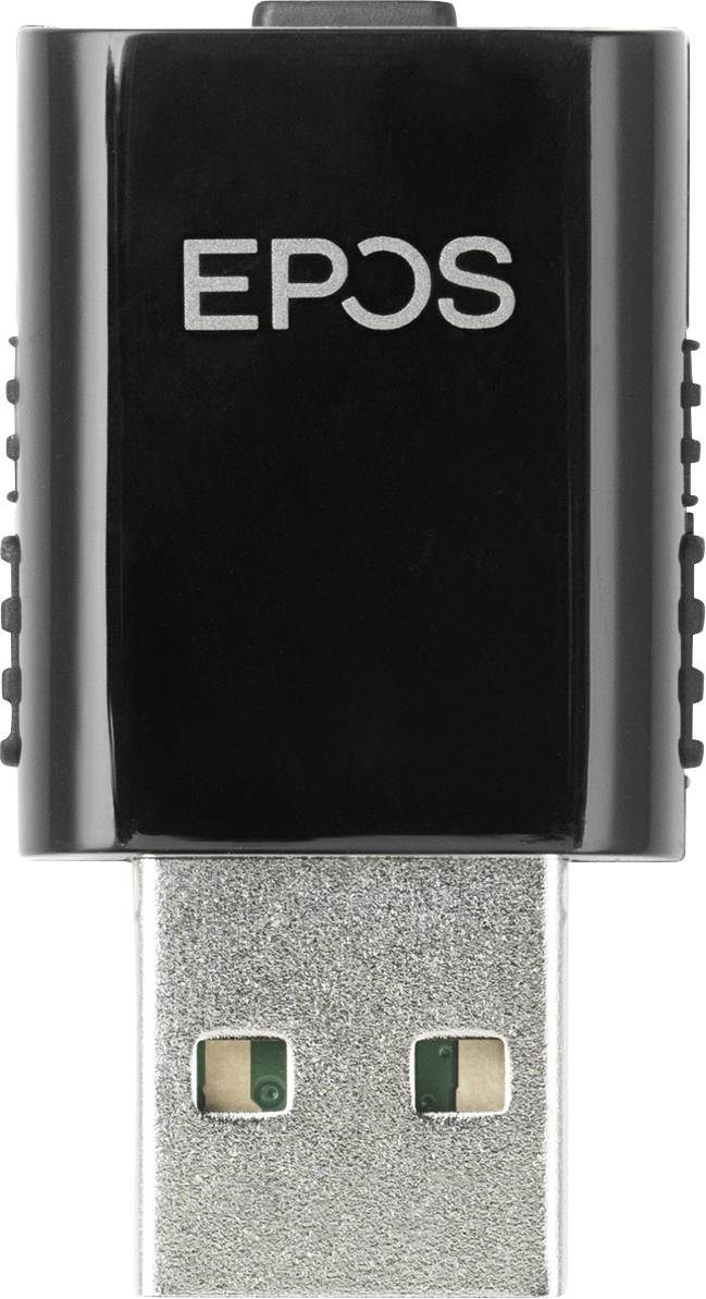 Un adattatore USB nero con scritta argentata 'EPOS' sul davanti. L'adattatore ha una struttura rettangolare e compatta.