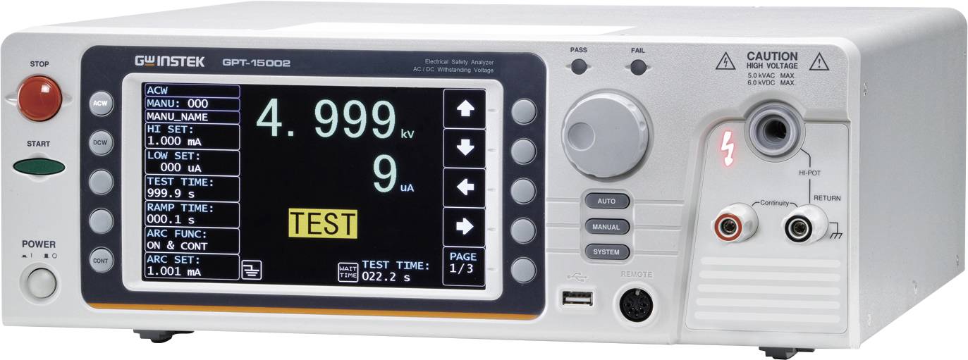 L'immagine mostra uno strumento di misurazione con display digitale che indica 4.999 kV di tensione e 9 μA di corrente. Contrassegnato con 'TEST'. Manopola di regolazione e connessioni a destra.