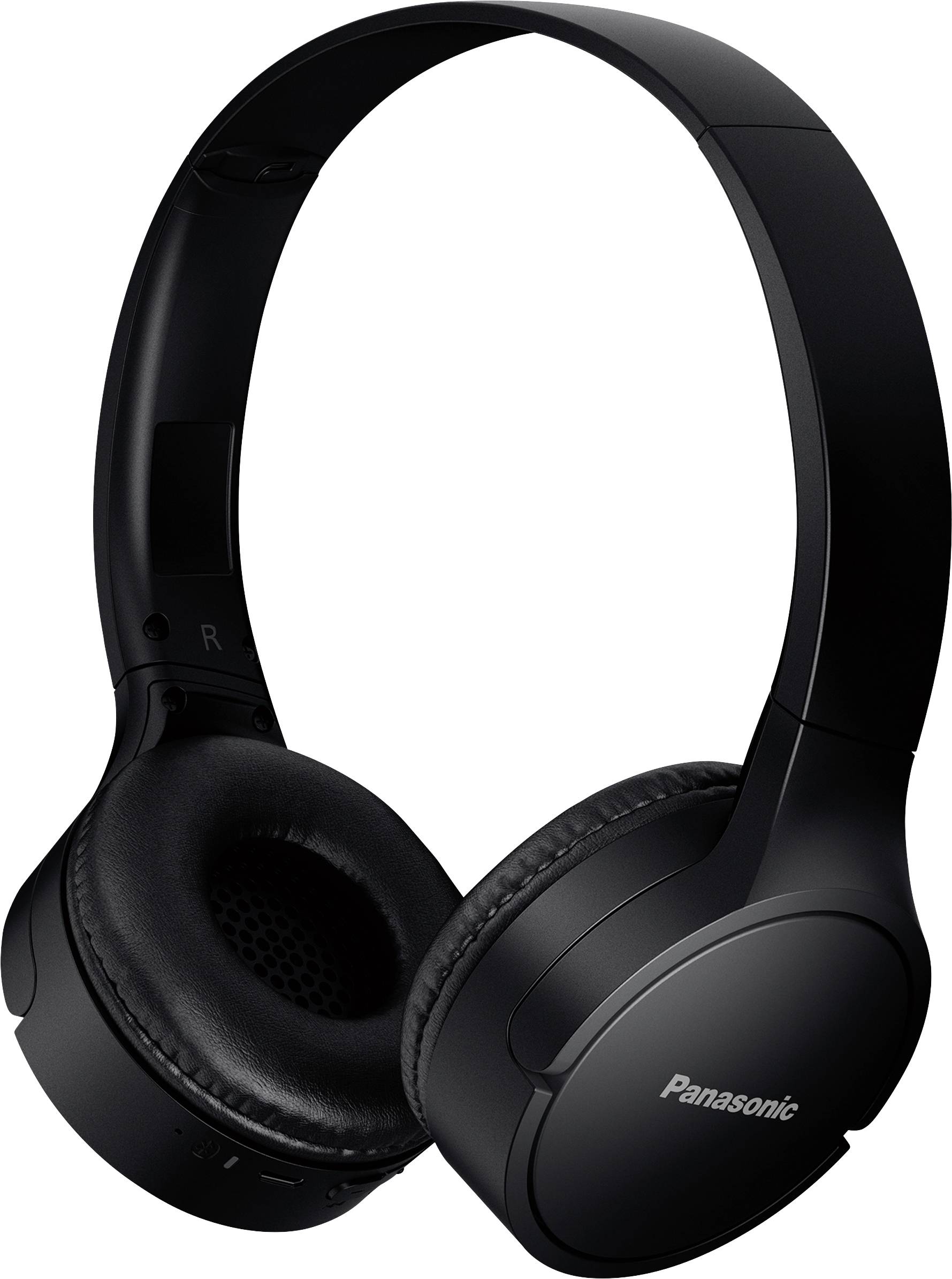 Cuffie wireless nere Panasonic, vista laterale, con messa a fuoco sul design elegante dei padiglioni auricolari e dell'archetto.
