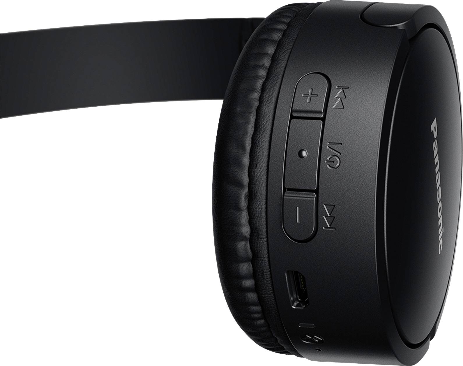 Cuffie over-ear wireless nere con comandi del volume e tasti di riproduzione sul lato. Nome del marchio visibile sul padiglione auricolare.