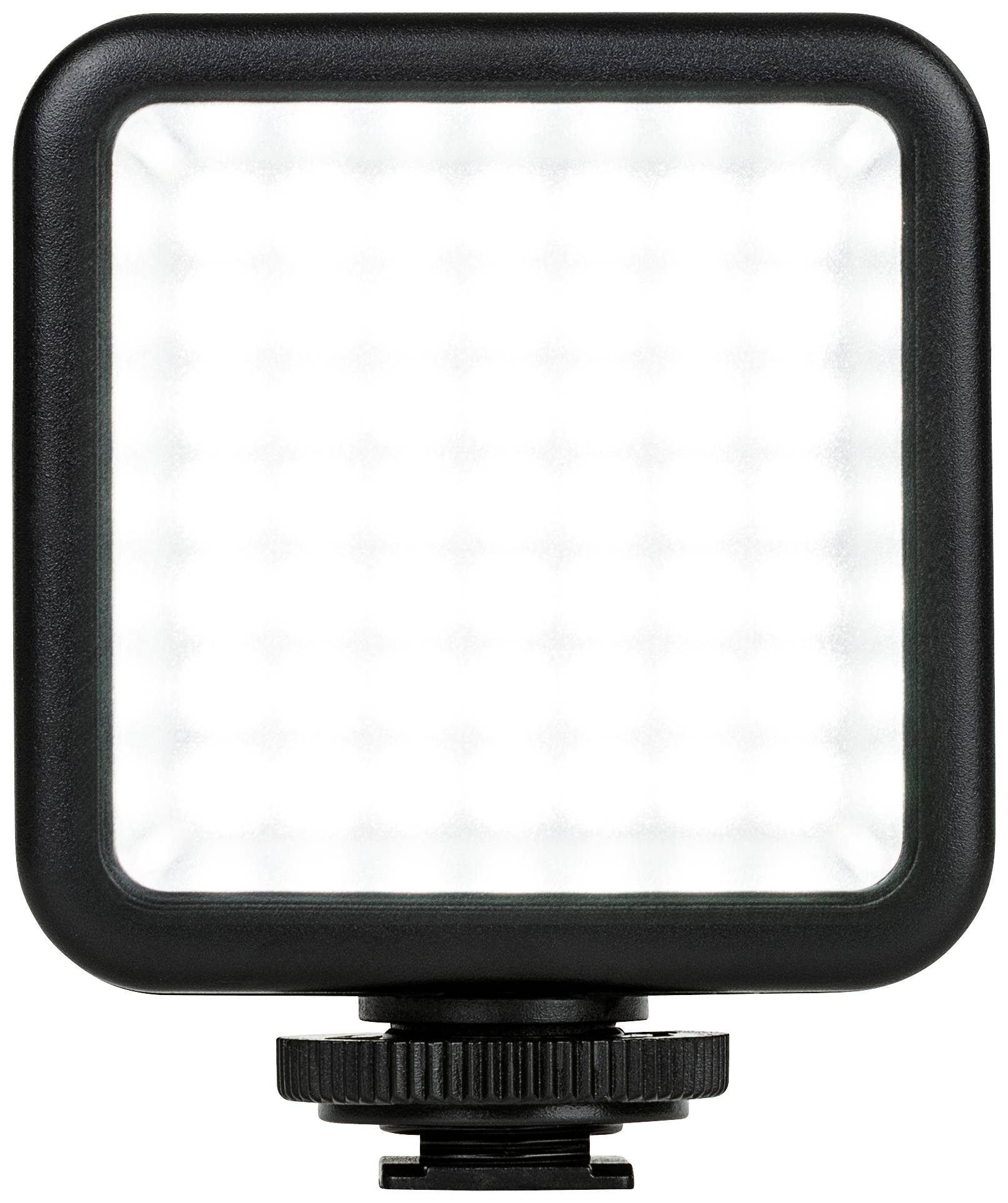 Un pannello luminoso LED quadrato con cornice nera e superficie che emana luce bianca, montato su un supporto girevole.