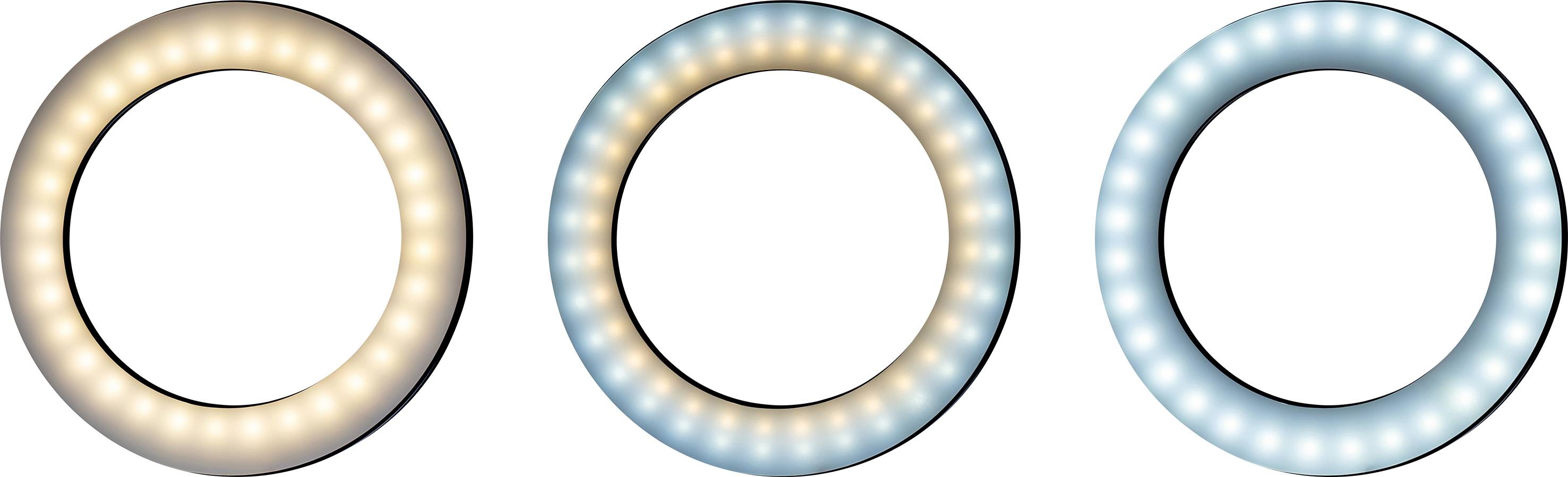 Tre luci LED ad anello che brillano da sinistra a destra in bianco caldo, bianco neutro e blu freddo.