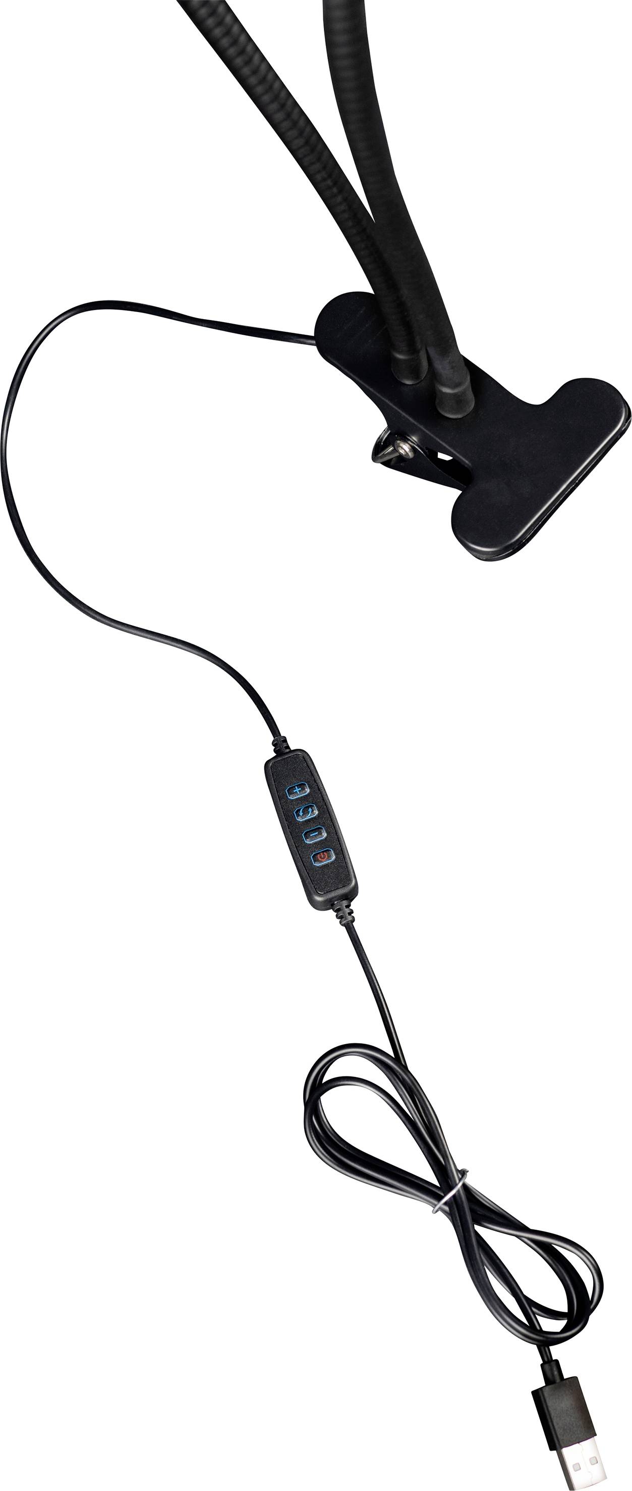 Lampada da lettura con collo flessibile e connessione USB, con clip di fissaggio nera. Ideale per l'installazione su tavoli o scaffali.
