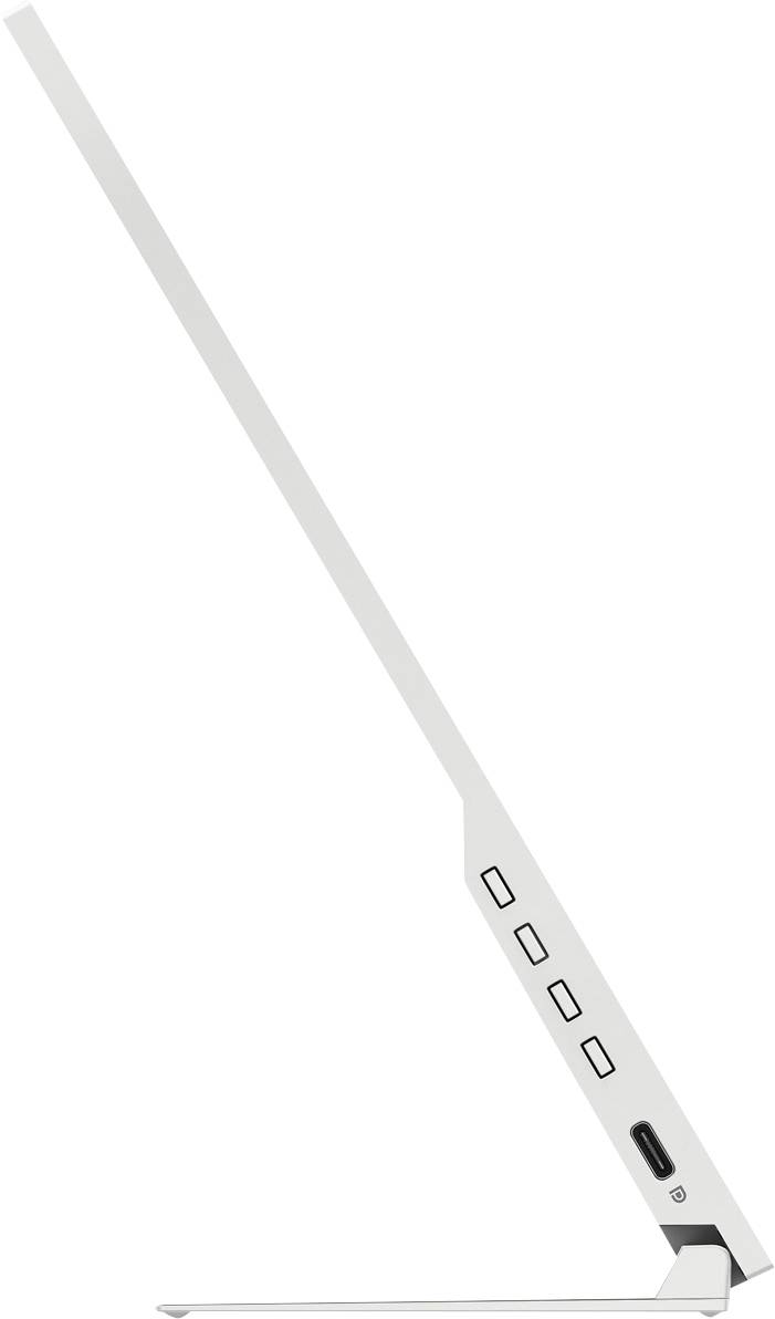 Lampada da tavolo piatta, bianca, con design sottile e moderno, quattro pulsanti sul lato e una porta USB visibile.