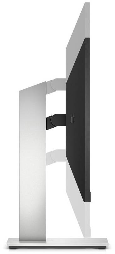 Vista laterale di un monitor computer moderno dal design sottile, con base in argento e inclinazione regolabile.