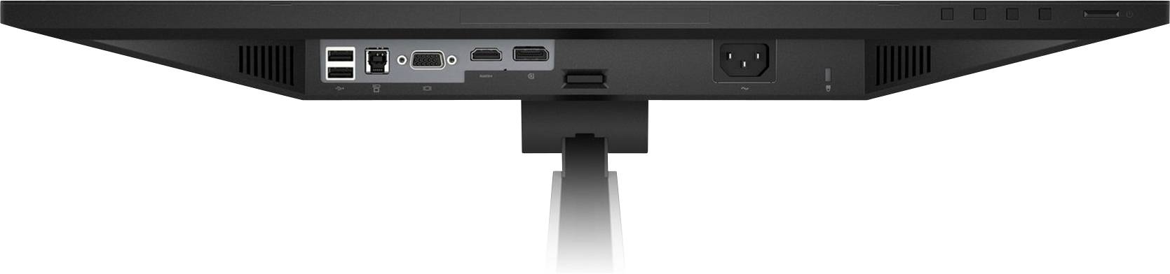 Retro di un monitor per computer con vari porte di connessione, tra cui HDMI, USB e porta di rete, montato su un supporto.