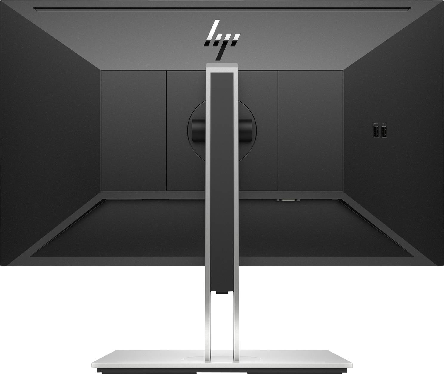 Un monitor nero visto da dietro con un sottile piedistallo argentato e il logo del marchio in alto al centro.