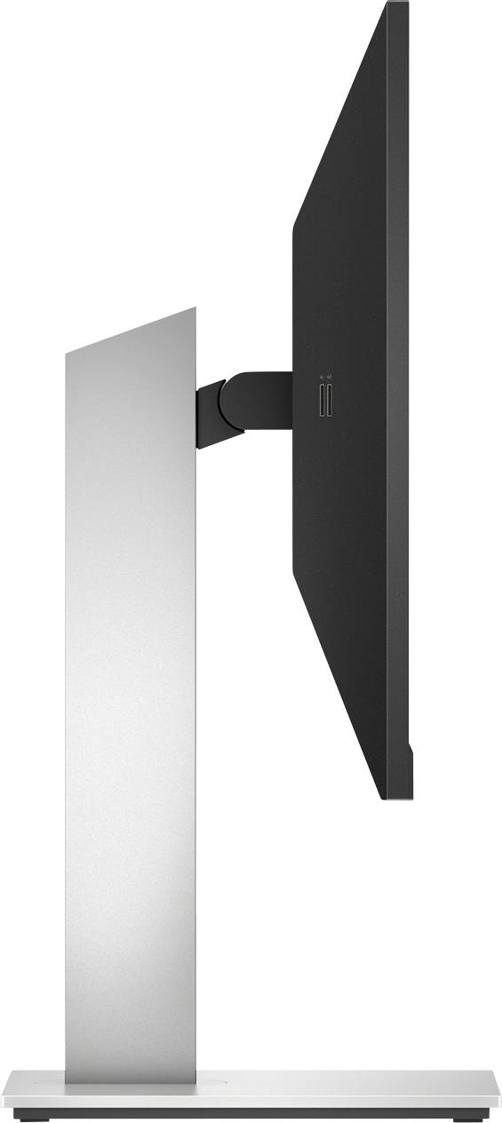 Vista laterale di un monitor sottile su un supporto metallico rettangolare moderno.