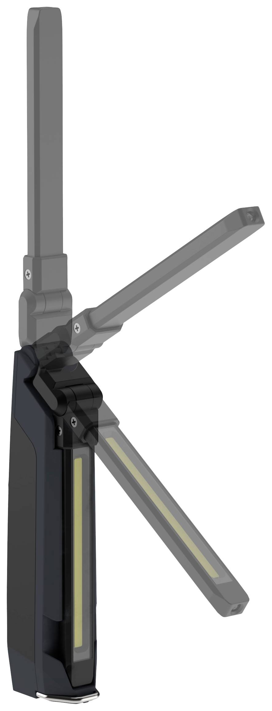 Una lampada LED nera viene mostrata di lato, con un braccio pieghevole in diverse posizioni per illustrare la sua flessibilità.