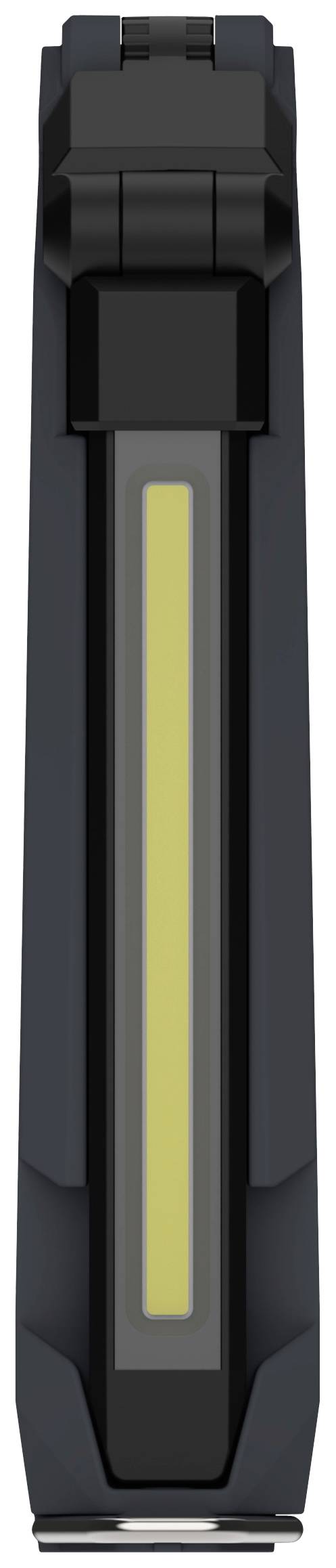 Un dispositivo tecnico nero con una striscia gialla lunga e stretta al centro, probabilmente una torcia o un utensile.