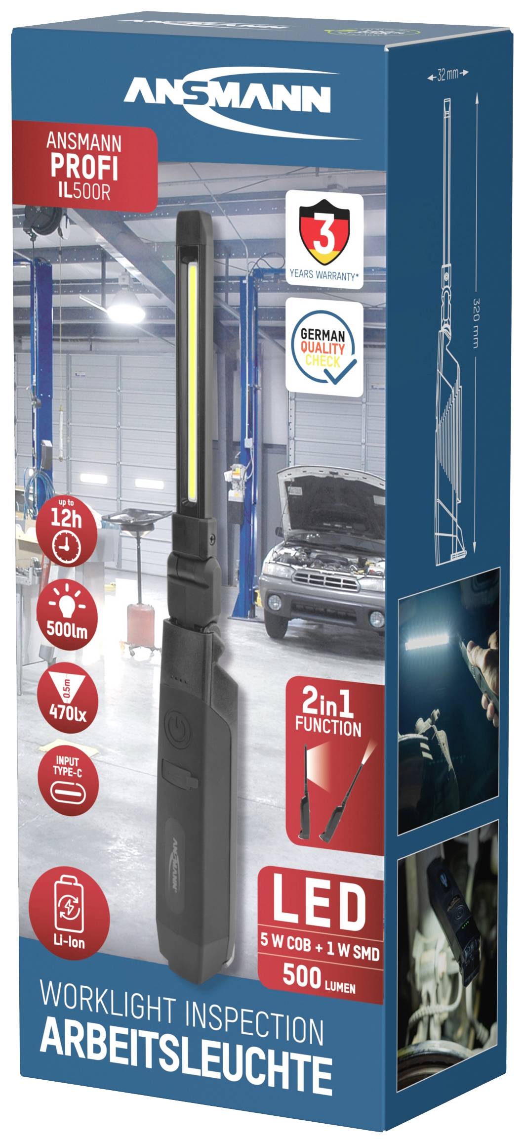 'Ansmann Profi Arbeitsleuchte IL500R. Caratteristiche: 500 Lumen, batteria da 12h, colore della luce 5000K, LED, funzione 2 in 1. Ideale per officina.'