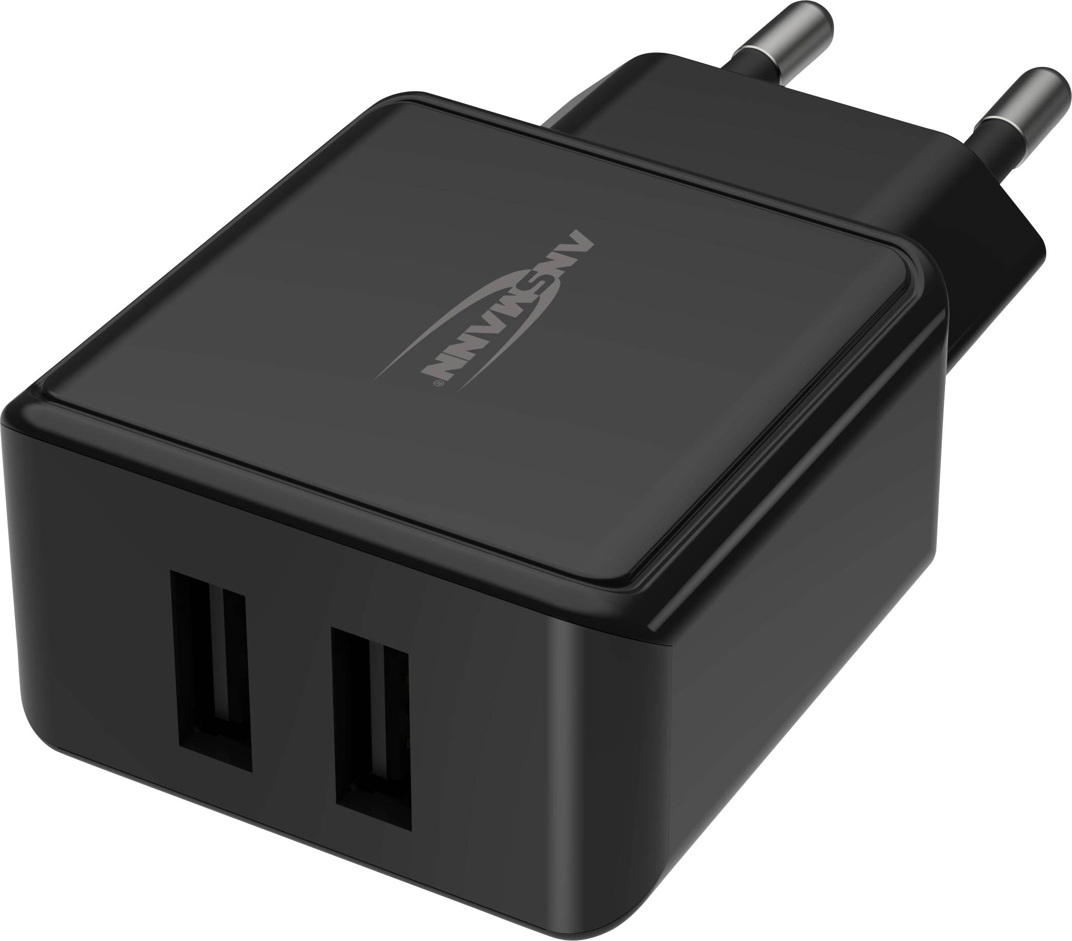 Caricabatterie USB nero con due porte USB e spina europea, adatto per la ricarica di dispositivi elettronici.