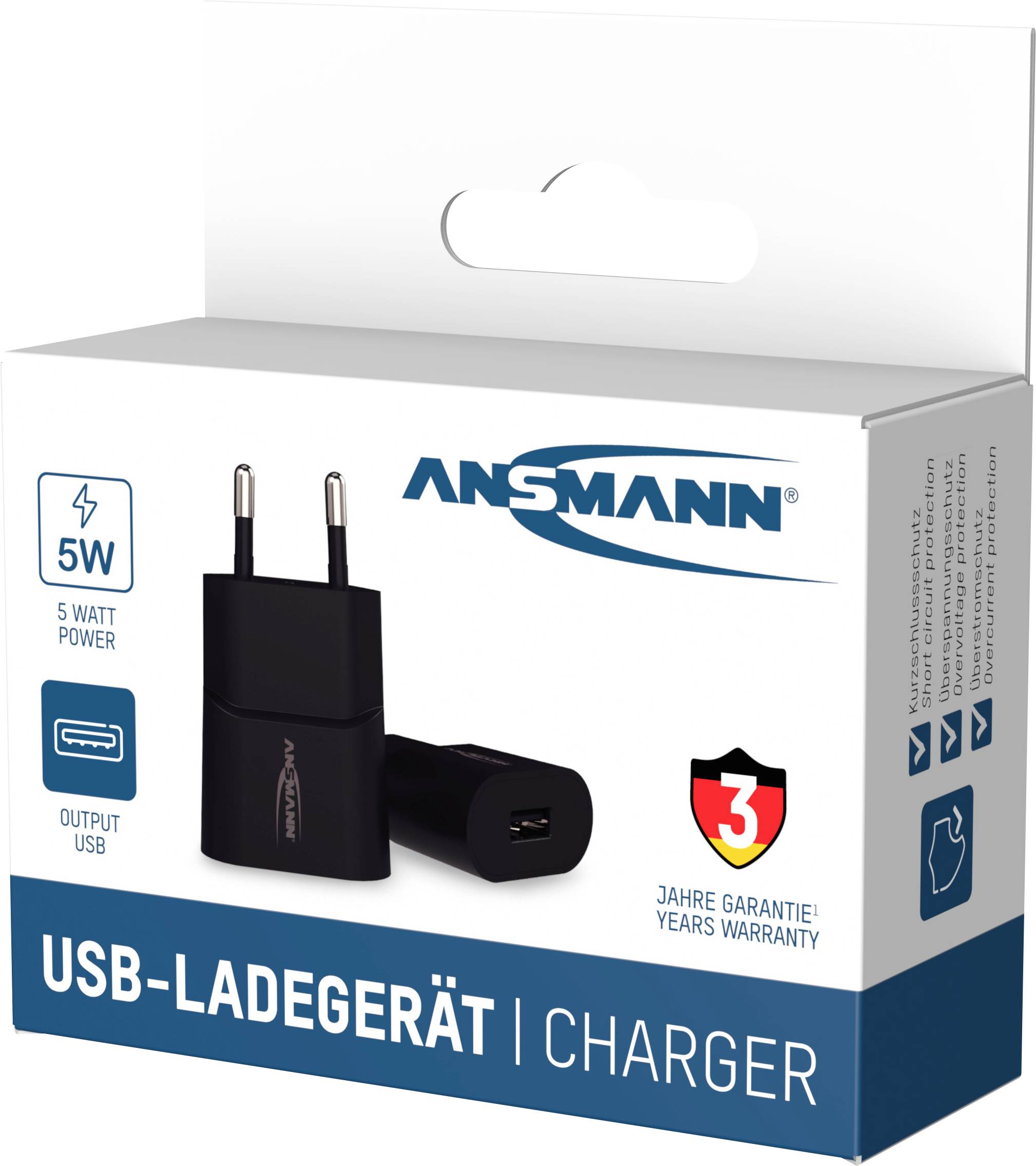 Confezione del caricabatterie USB con immagine del caricabatterie, testo '5 Watt', 'Caricabatterie USB', simbolo di garanzia di 3 anni e logo del marchio.