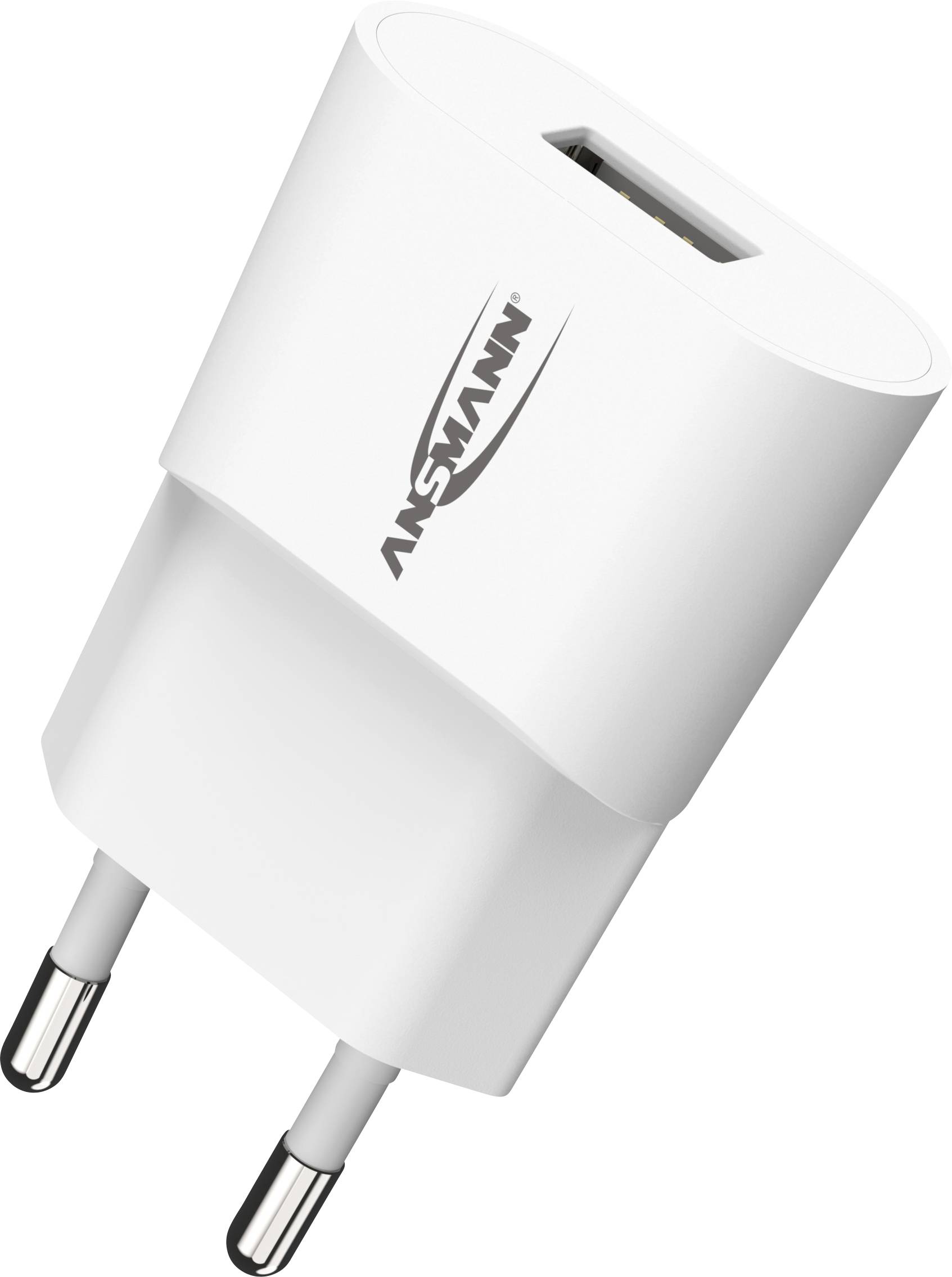 Caricabatterie USB bianco con spina europea, adatto per la ricarica di dispositivi elettronici. Contrassegnato con 'Ansmann'.