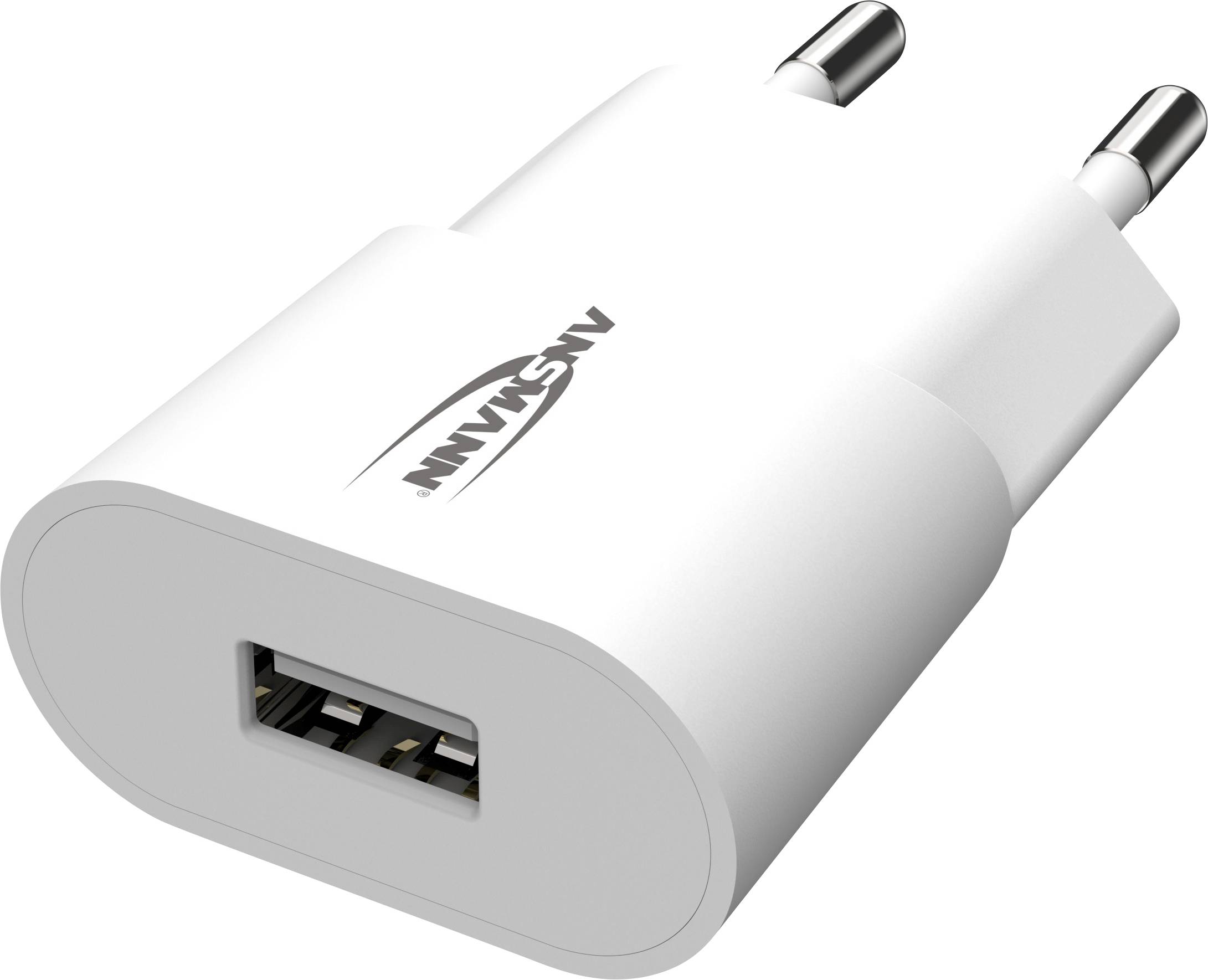 Un caricabatterie USB bianco con due spinotti e una porta USB. Nome del marchio visibile sulla parte superiore.
