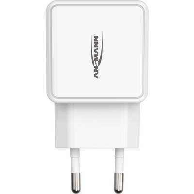 Un caricabatterie USB bianco con due spinotti, adatto per prese elettriche europee. Nome del marchio 'ANSMANN' sulla parte anteriore.