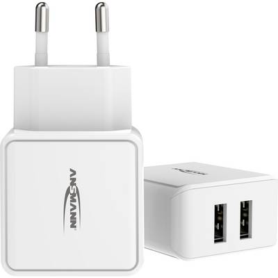 Due caricabatterie USB bianchi con il logo del marchio, uno in vista frontale con due porte USB, l'altro in vista laterale.
