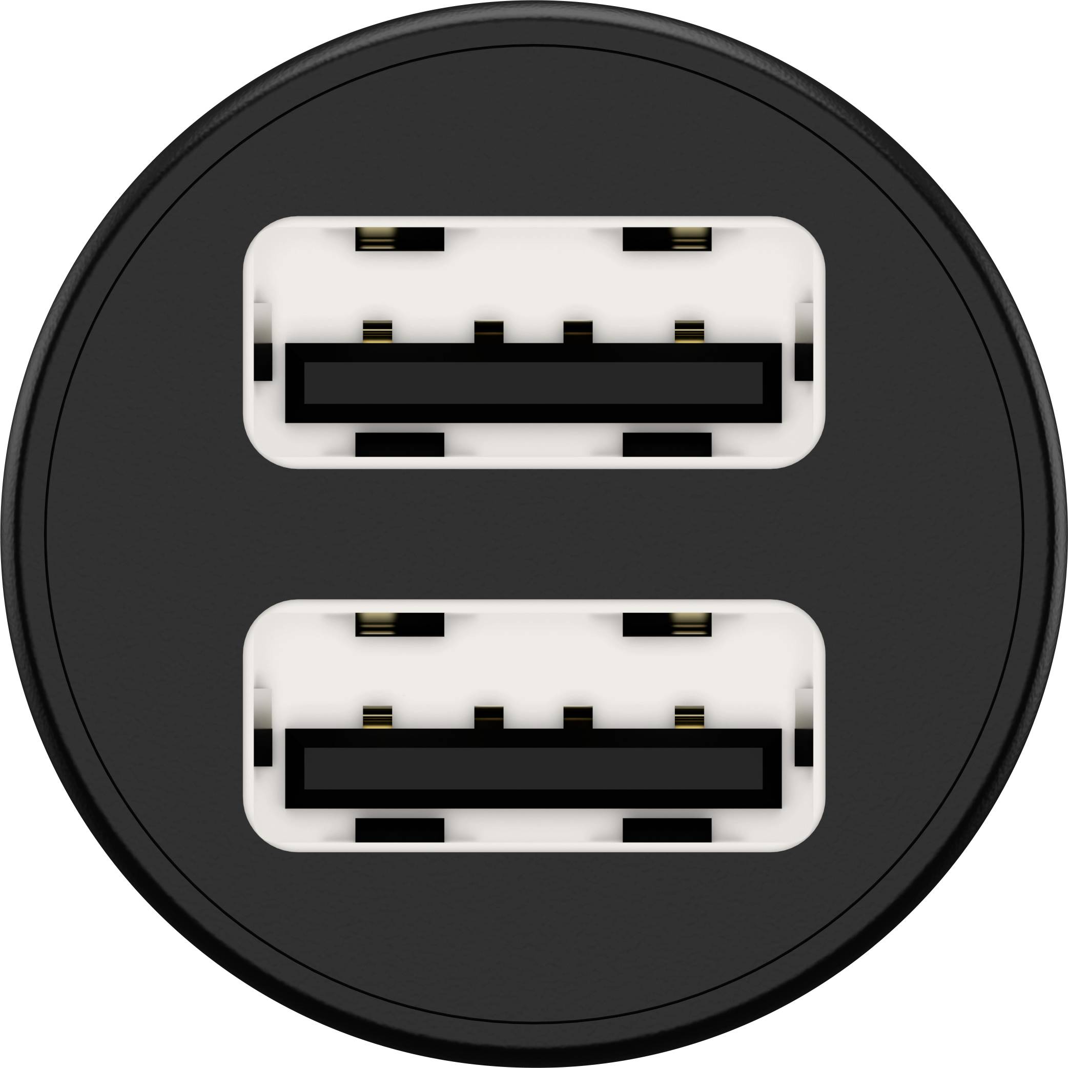 'Un adattatore rotondo con due porte USB affiancate, adatto per la ricarica di dispositivi o il trasferimento dati.'