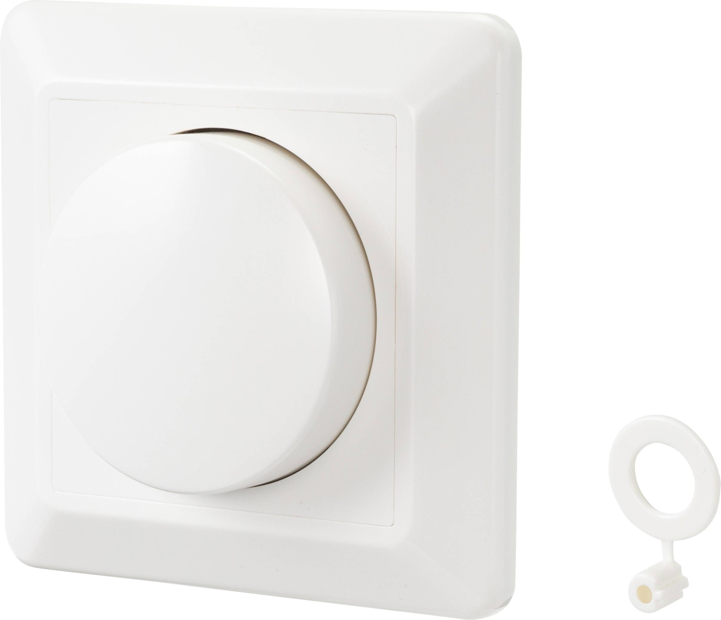 Dimmer bianco con manopola rotante e anello removibile, per controllare l'intensità luminosa degli ambienti.
