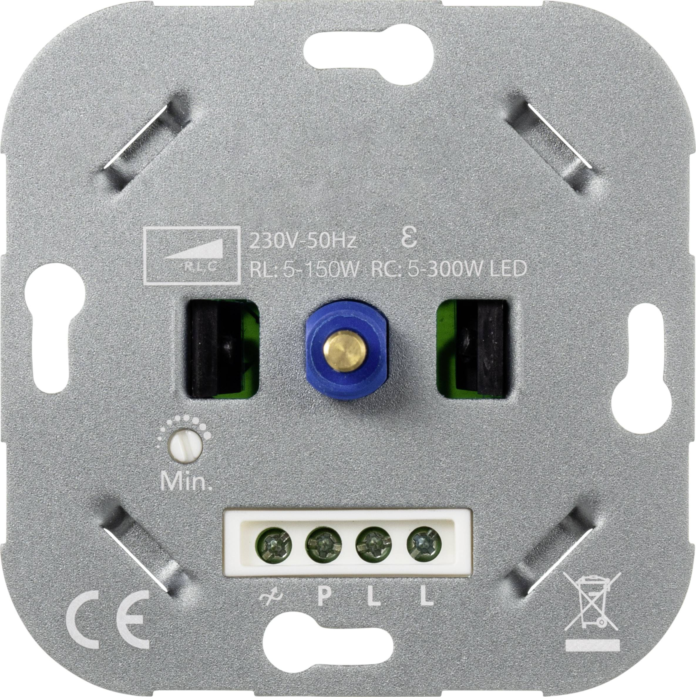 Un dimmer per corrente alternata a 230V con possibilità di regolazione della luminosità minima, adatto per lampade LED da 5 a 300 watt.