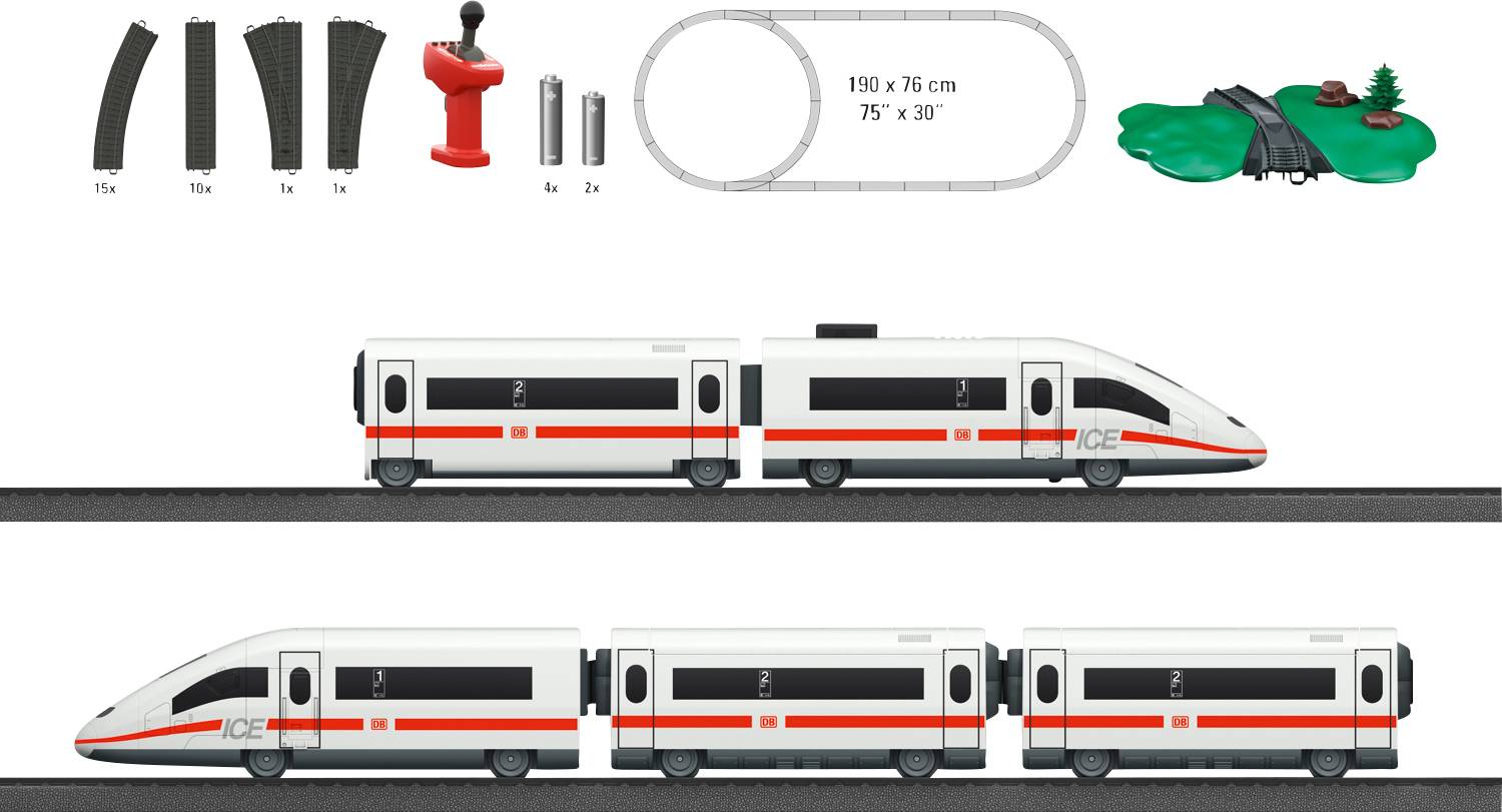 Set di modellino ferroviario ICE con binari, scambi, controllo e elementi paesaggistici. Treno composto da tre vagoni. Dimensioni: 190 x 76 cm.