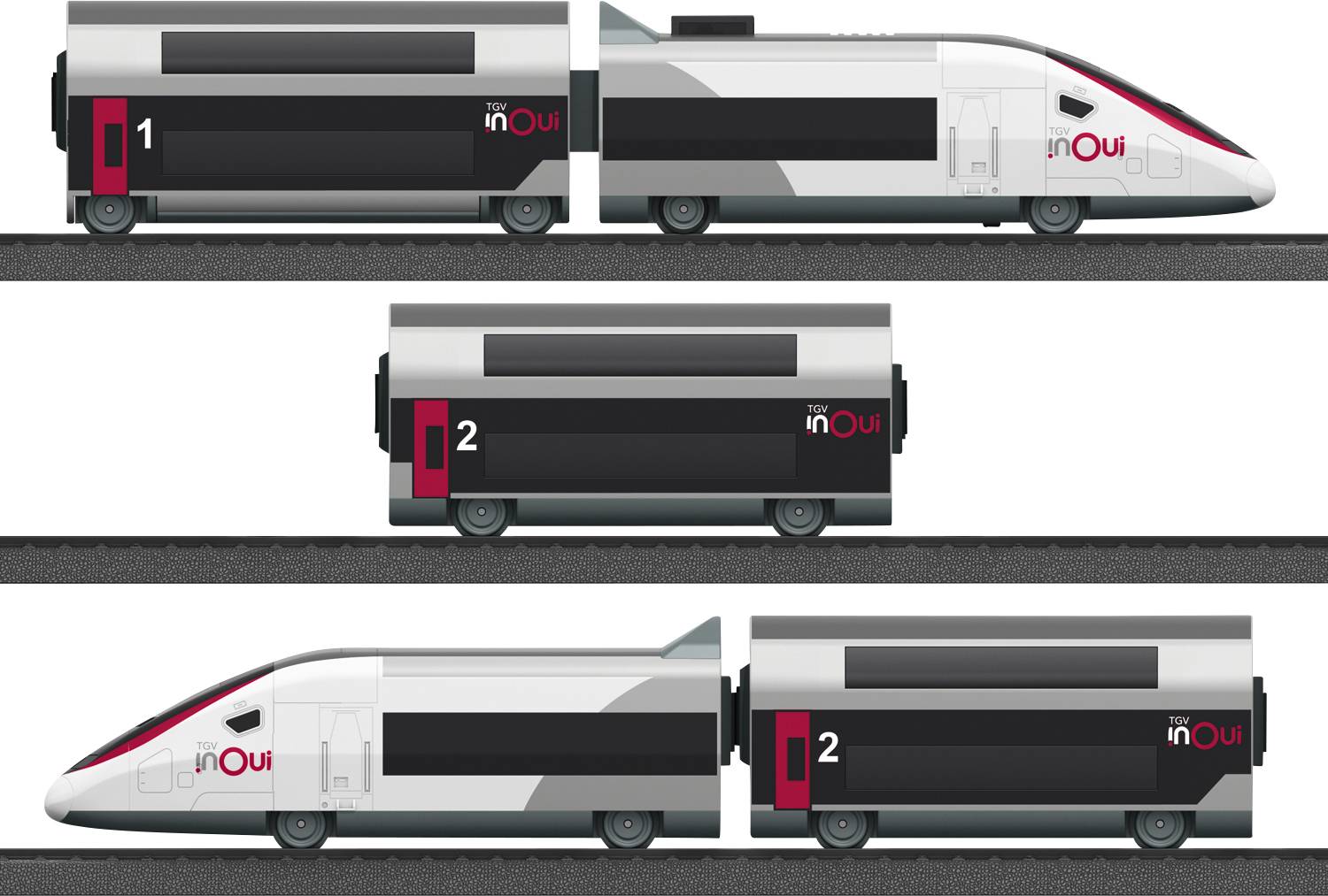 Tre vedute di treni ad alta velocità bianchi e grigi con elementi rossi, contrassegnati con 'inOui', posizionati sui binari.