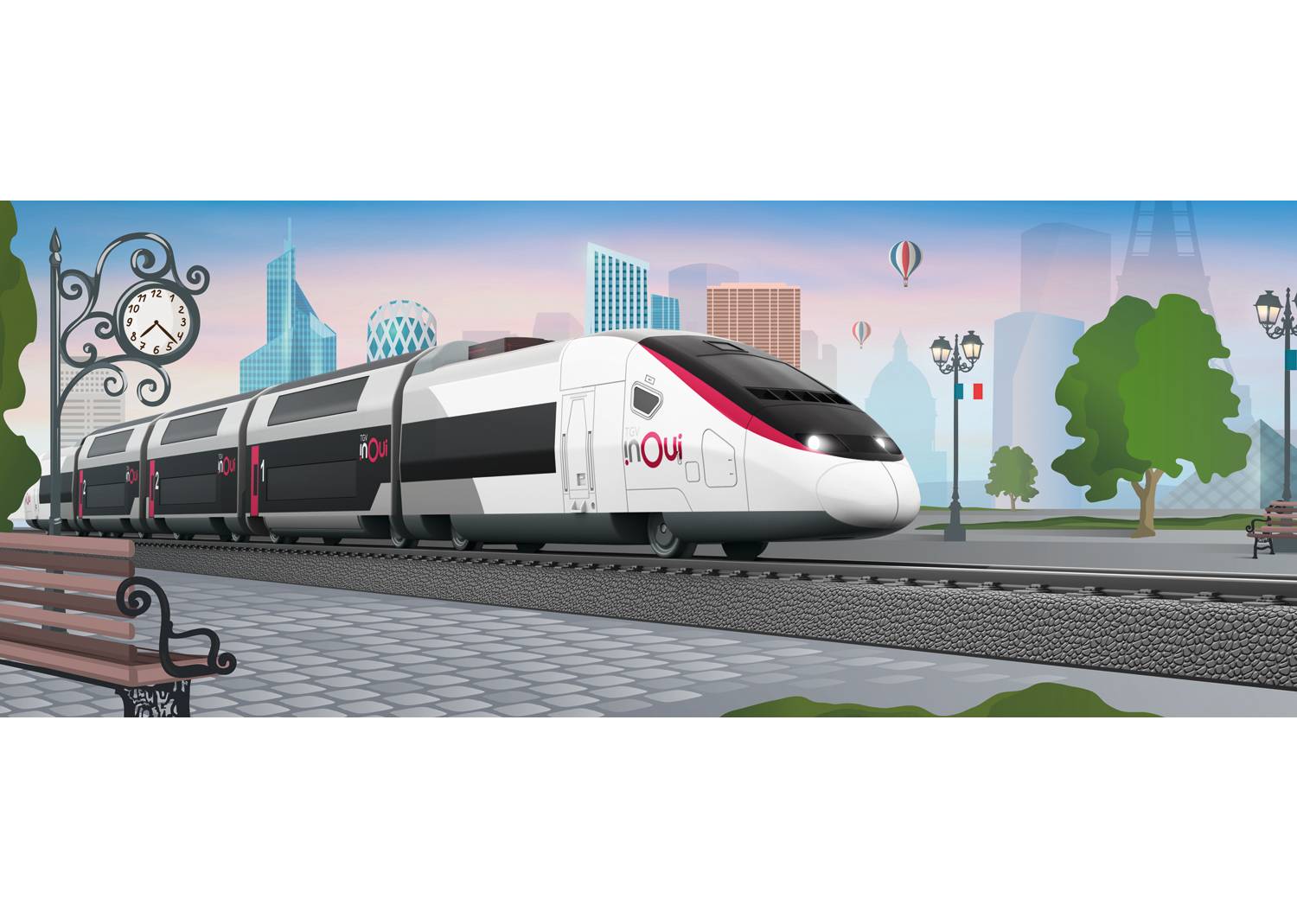 Un treno ad alta velocità moderno su binari in un ambiente urbano con alberi, edifici e una torre dell'orologio sullo sfondo.