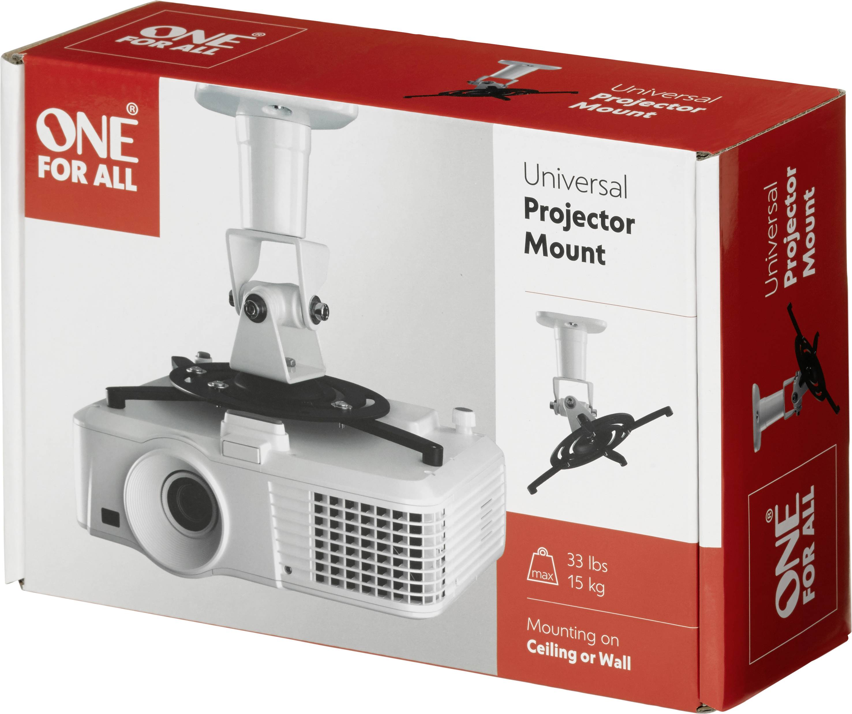 Scatola di cartone con la scritta 'Supporto Universale per Proiettore'. L'immagine mostra un supporto per proiettore adatto per montaggio a soffitto o a parete. Portata fino a 33 lbs/15 kg.