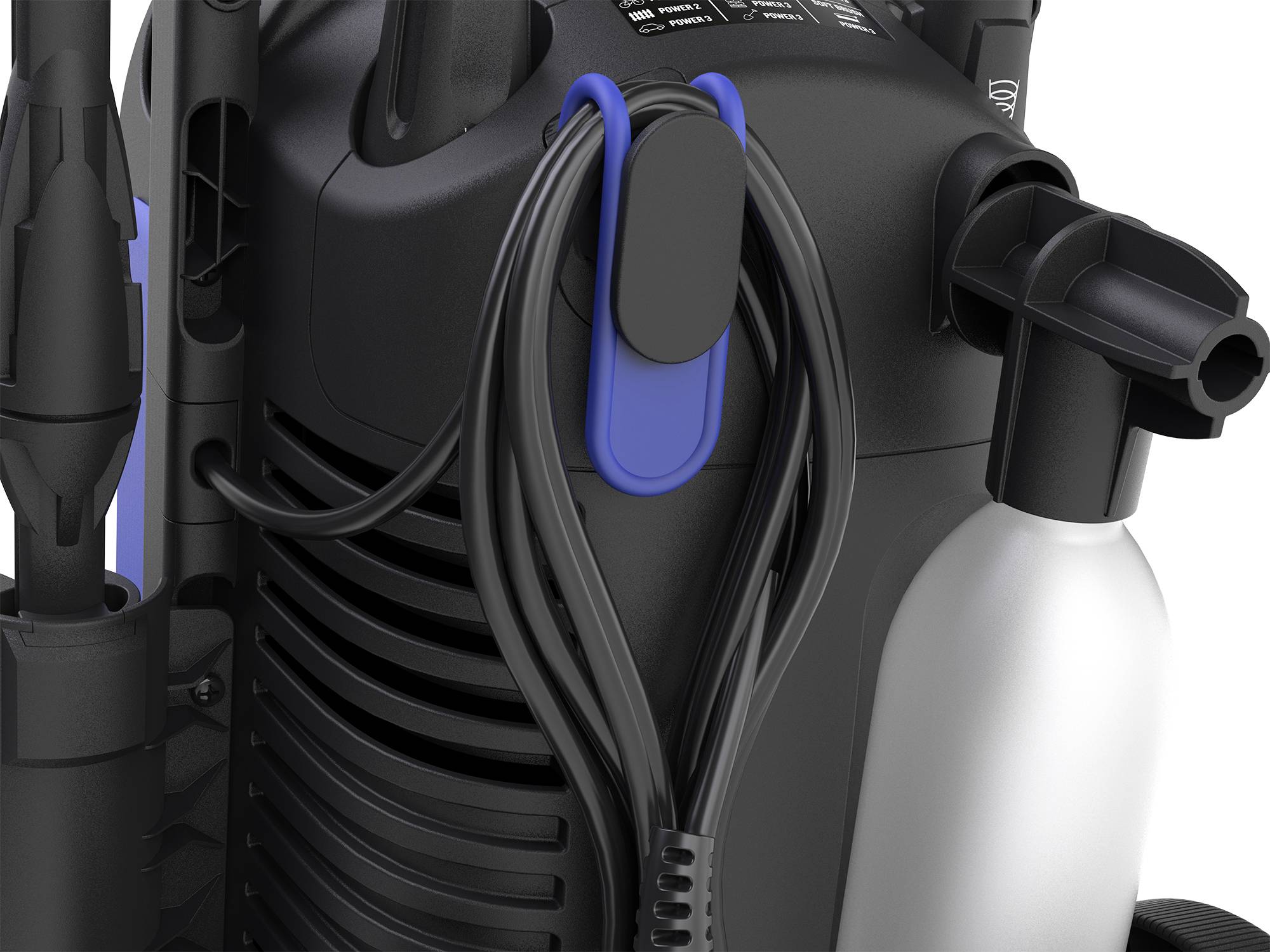 Idropulitrice elettrica con vista posteriore, dotata di supporto per tubo flessibile e bottiglia rimovibile, che mostra i dettagli del dispositivo.