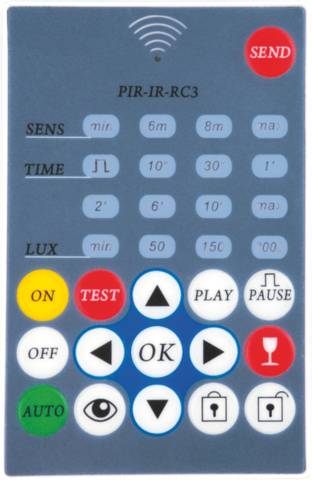 Telecomando con tasti per 'SEND', 'SENS', 'TIME', 'LUX', 'ON', 'OFF', 'AUTO', 'TEST', 'OK', 'PLAY', 'PAUSE' e altre funzioni.