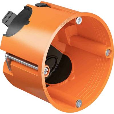 Una scatola arancione per dispositivi, a forma cilindrica, con aperture sui lati e viti per il fissaggio.