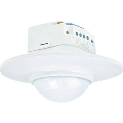 Un sensore di movimento per soffitto rotondo, principalmente bianco con connettori dei cavi colorati. Rilevamento dei movimenti per il controllo dell'illuminazione.