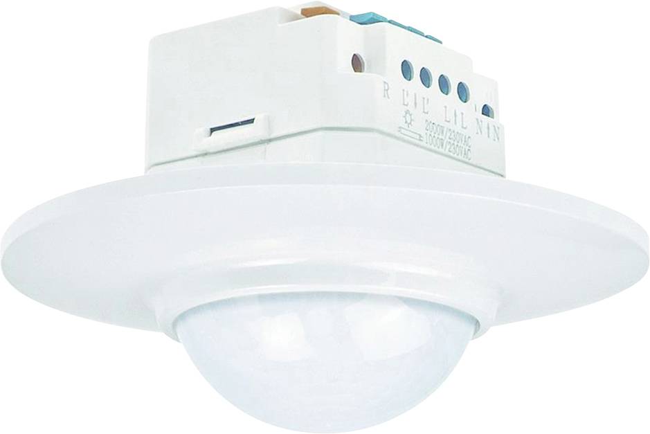 Un rilevatore di movimento bianco con copertura rotonda e connessioni elettriche nella parte superiore, adatto per il montaggio a soffitto in ambienti interni.