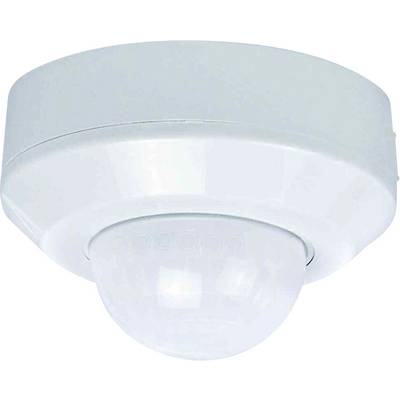Un rilevatore di movimento bianco con involucro del sensore bombato, montato sul soffitto di una stanza per rilevare movimenti.