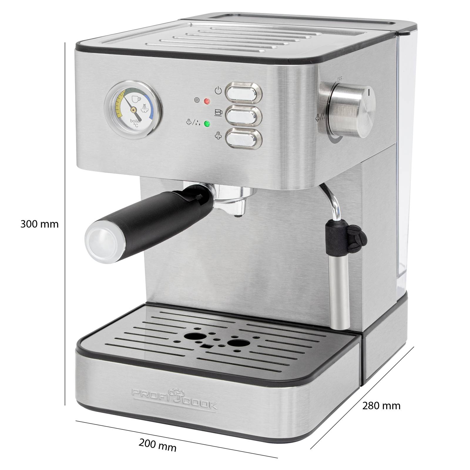 Macchina espresso in acciaio inox con ugello a vapore, tre pulsanti e indicatore di pressione. Dimensioni: 300 mm di altezza, 280 mm di profondità, 200 mm di larghezza.